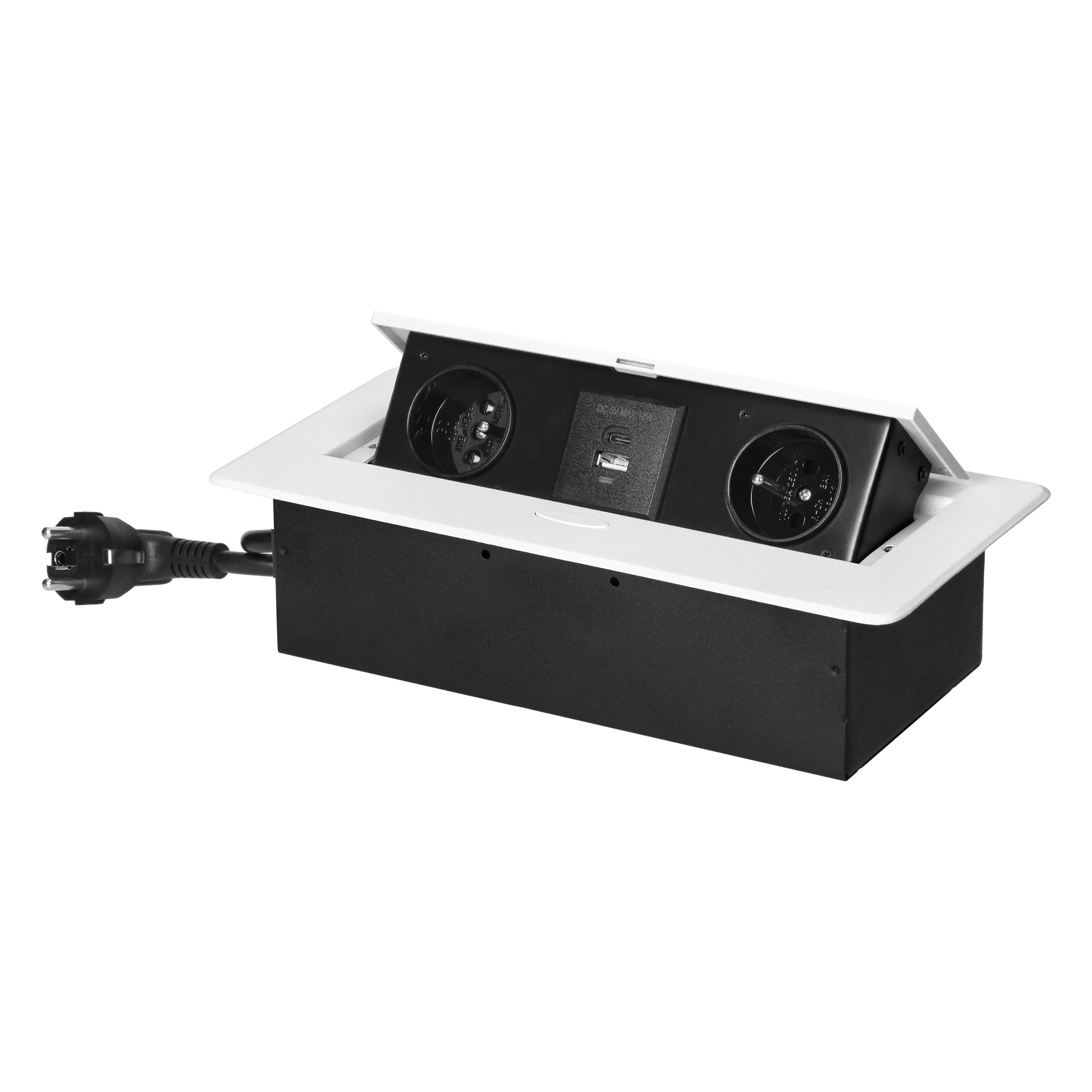 Gniazda meblowe wpuszczane w blat z płaskim frezowanym rantem, ładowarką USB i przewodem 1,5m, 2x2P+Z, 2xUSB (typ A+C;3,6A), białe