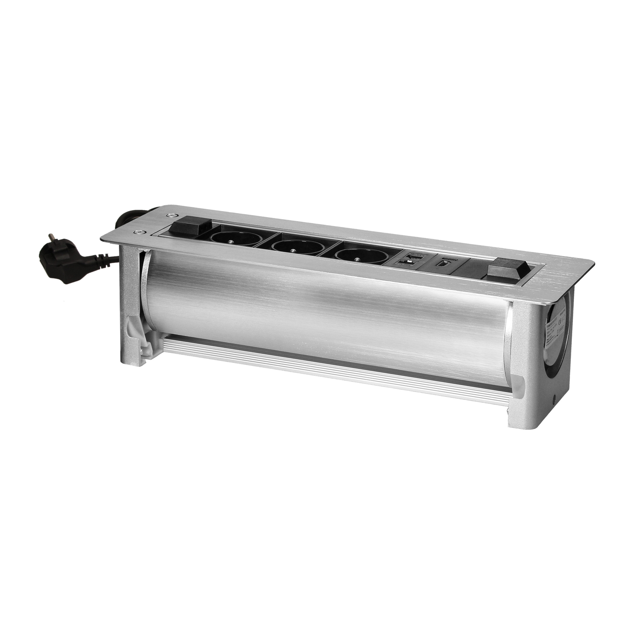 Gniazdo meblowe wpuszczane w blat z płaskim frezowanym rantem oraz elektrycznym otwieraniem, 3x2P+Z,2xNET,1xHDMI