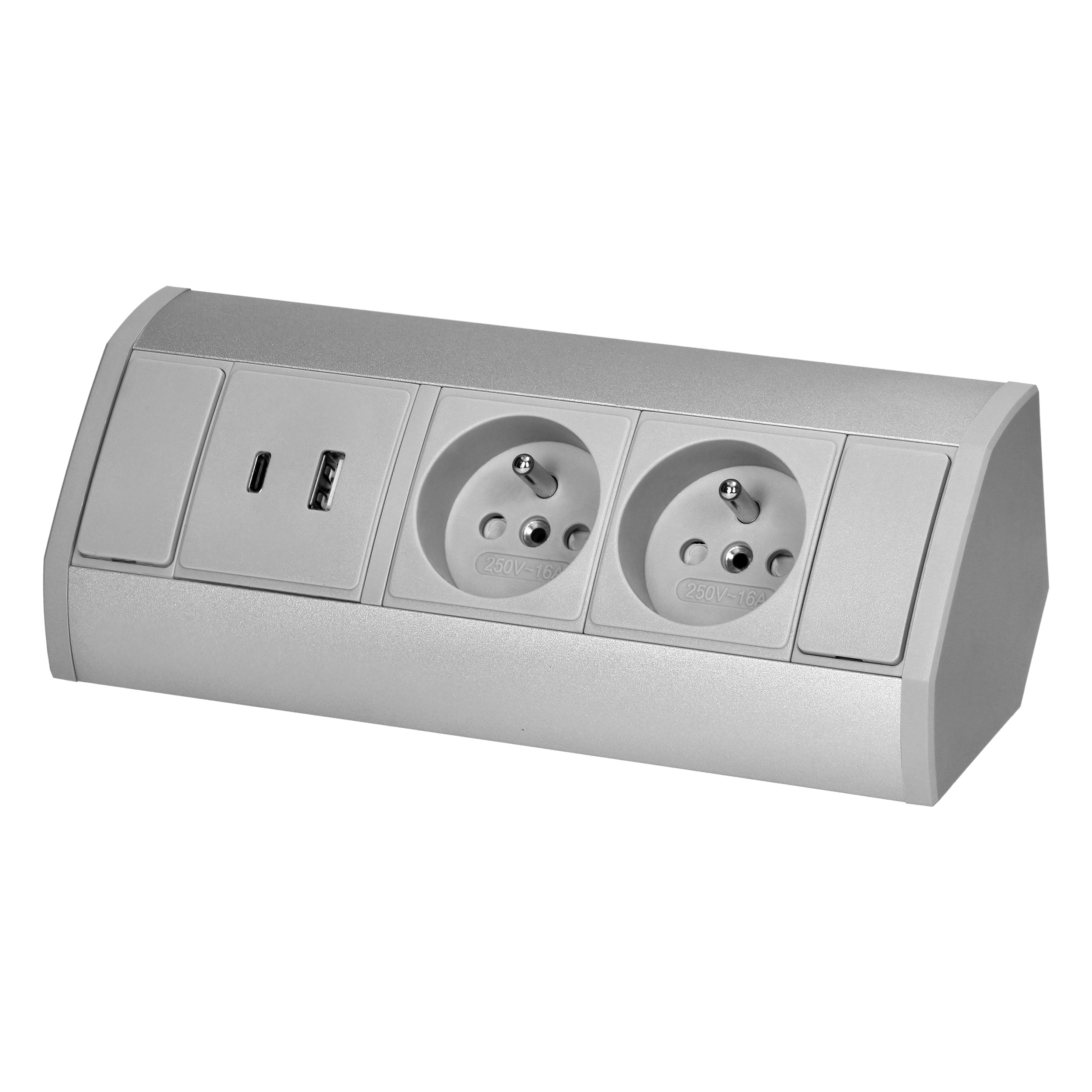 Gniazdo meblowe 2x2P+Z, 2xUSB (typ A+C;2,4A), szaro-srebrne