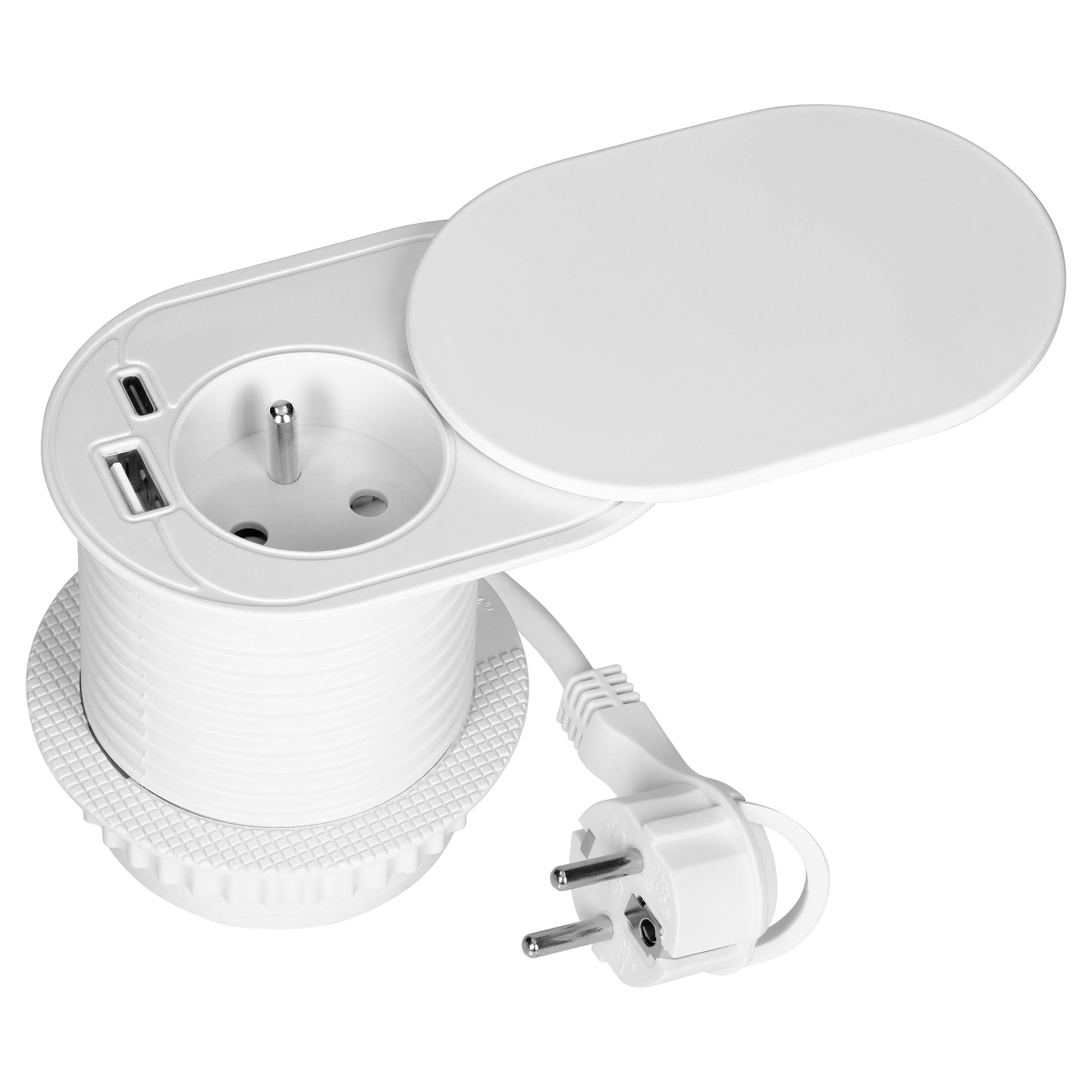 Gniazdo meblowe ?6cm, wpuszczane w blat z przesuwną pokrywką, ładowarką USB i przewodem 1,9m, 1x2P+Z (French), 2xUSB (typ A+C;PD20W), białe
