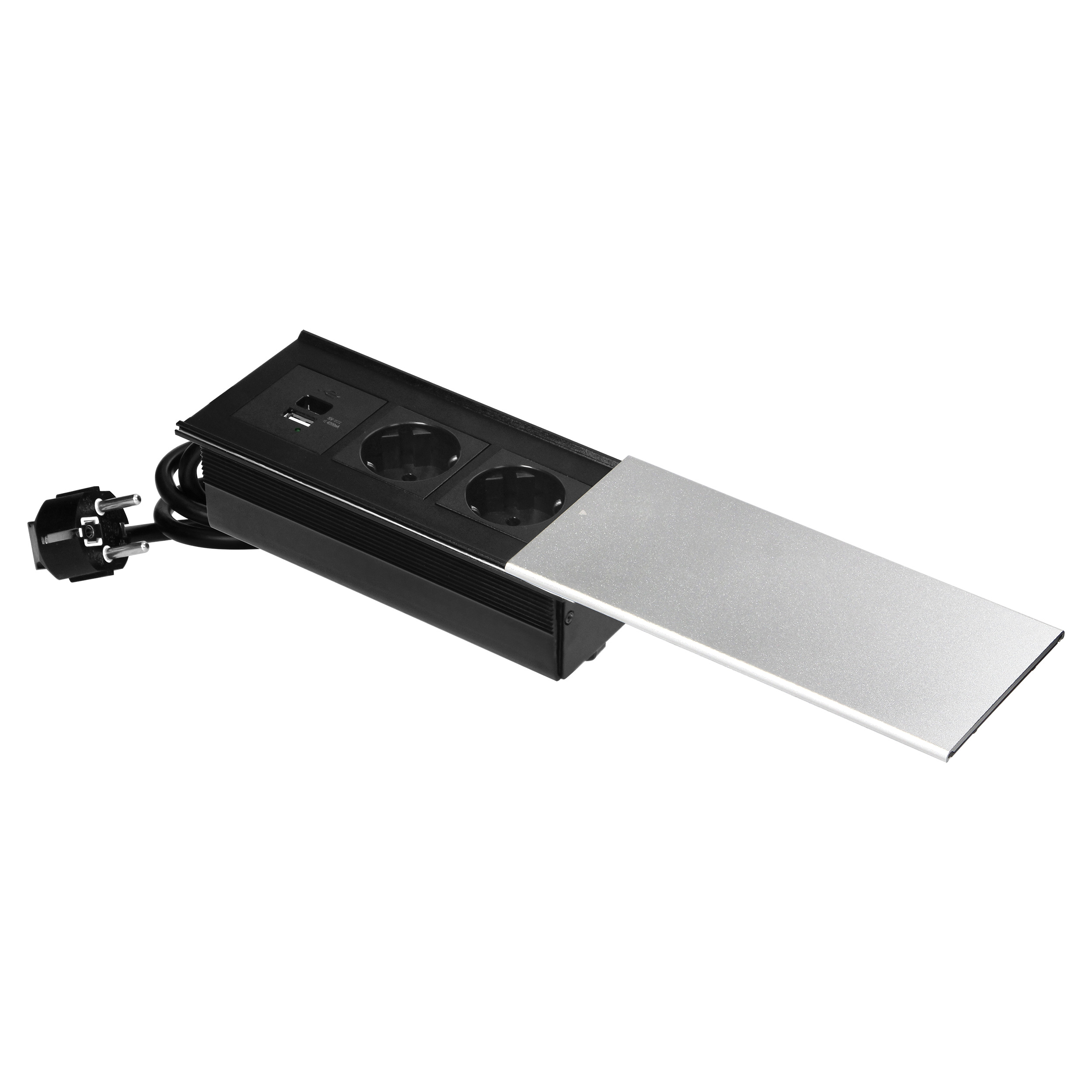 Gniazdo meblowe z przesuwną pokrywą, 2x2P+Z (Schuko), USB A+C, srebrne