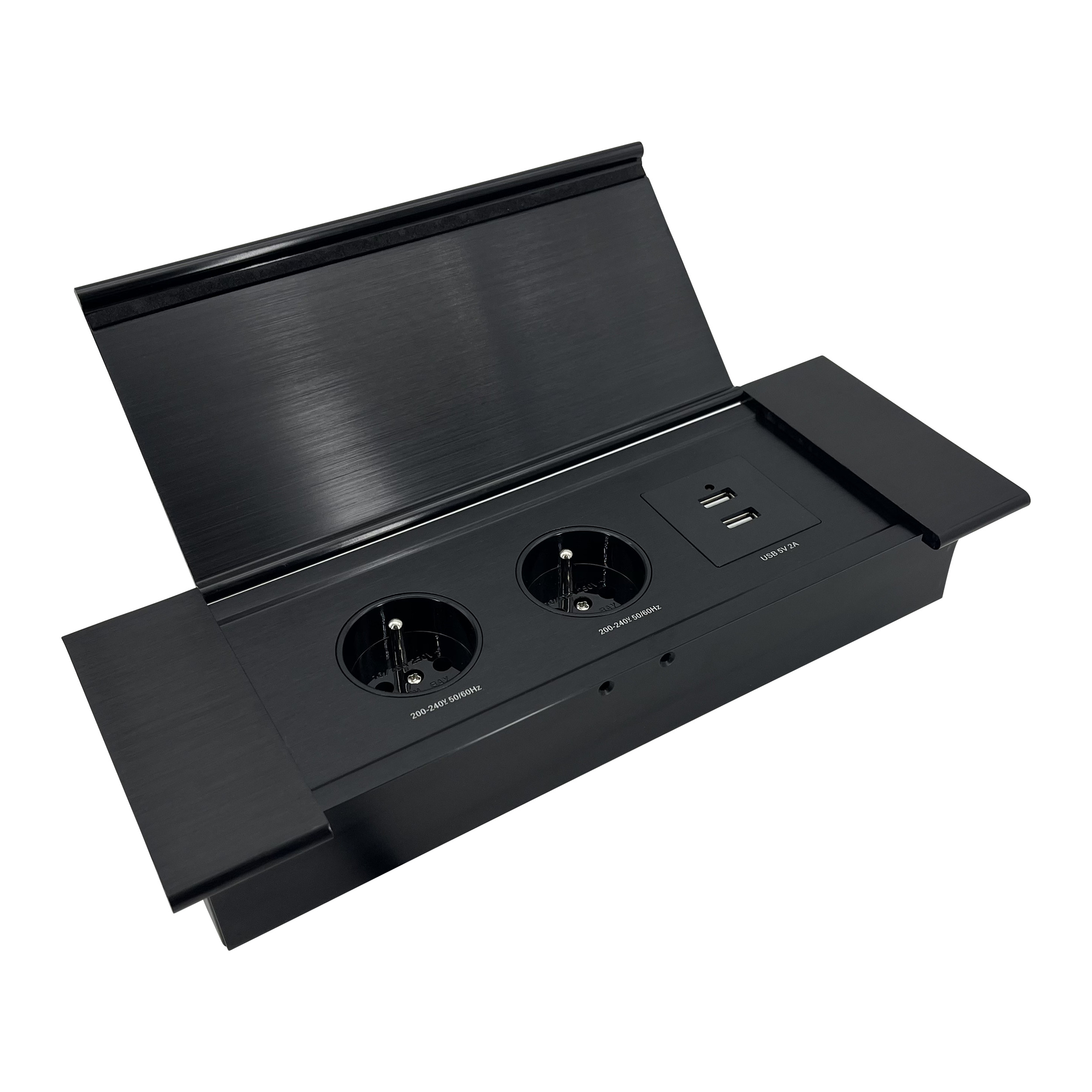 Gniazdo meblowe wpuszczane w blat z płaskim frezowanym rantem, uchylną klapką, ładowarką USB i przewodem 1,5m, 2x2P+Z (French), 2xUSB (typ A+C;3,6A), czarne