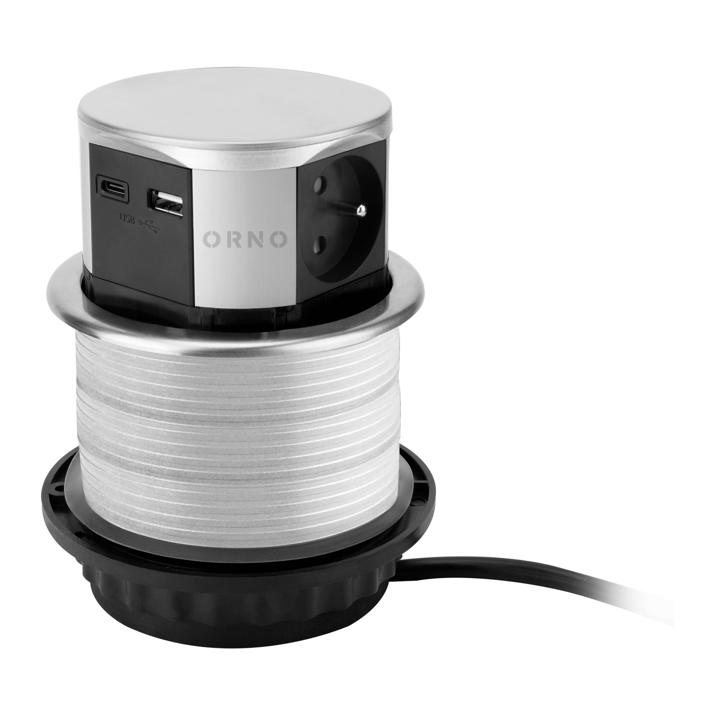 Gniazdo meblowe ?10cm wysuwane z blatu z ładowarką USB i przewodem 1,5m, 3x2P+Z (French), 2xUSB (typ A+C;max. 3A), srebrne