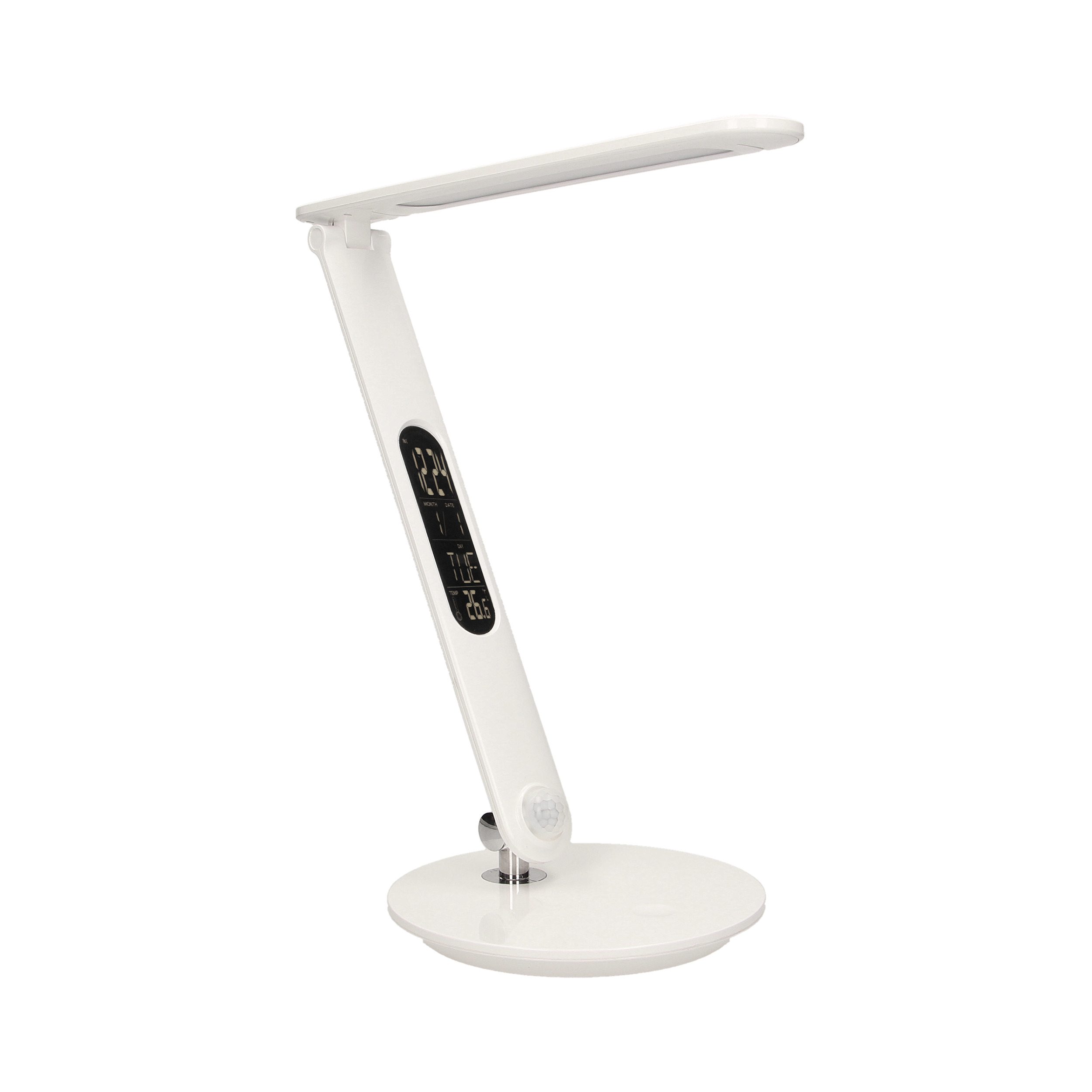 CRYSTAL LED 6,5W, Lampka biurkowa z budzikiem, czujnikiem ruchu i ładowarką USB, 500lm, 4000K, biała