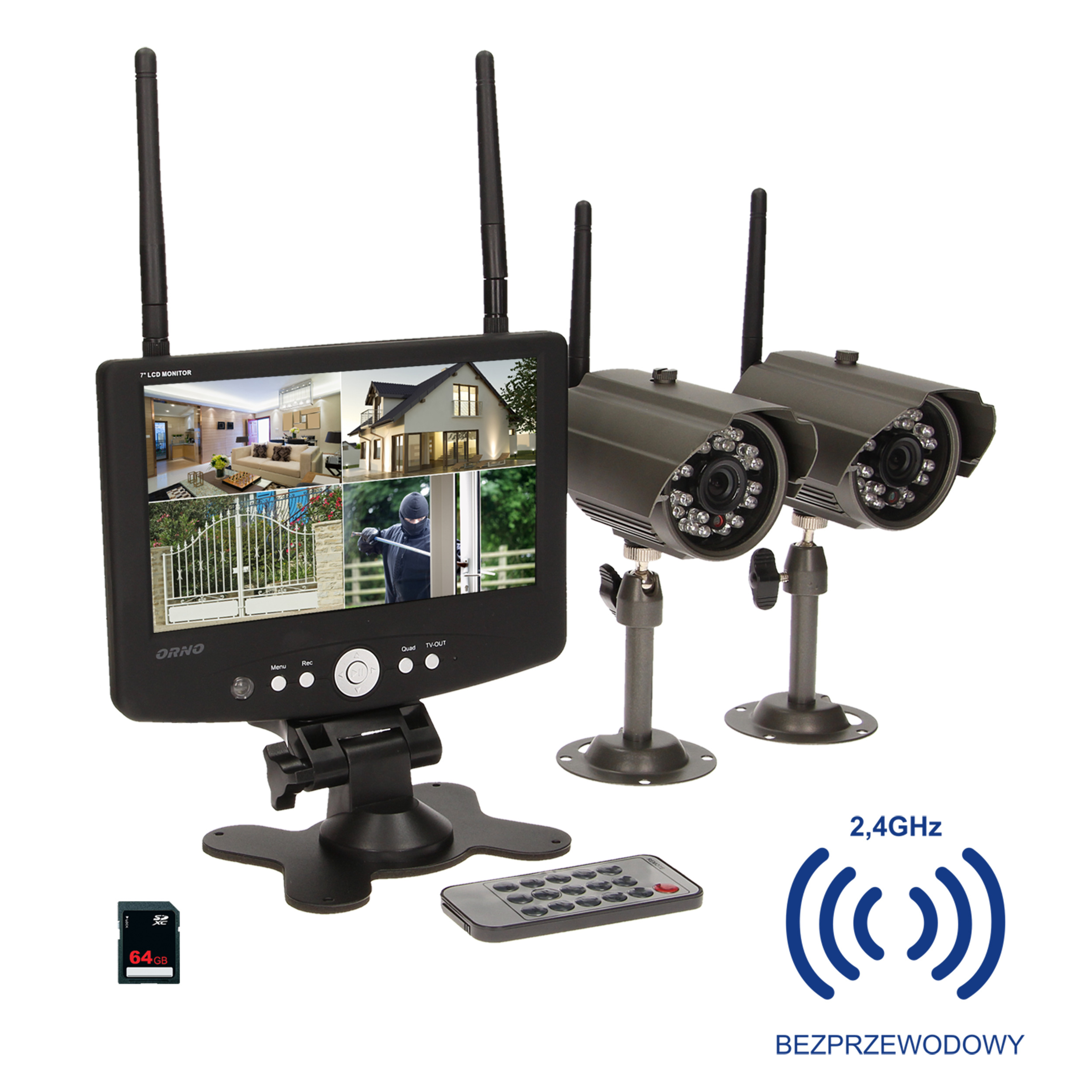 System do monitoringu 4-kanałowy, bezprzewodowy CCTV, monitor LCD 7"