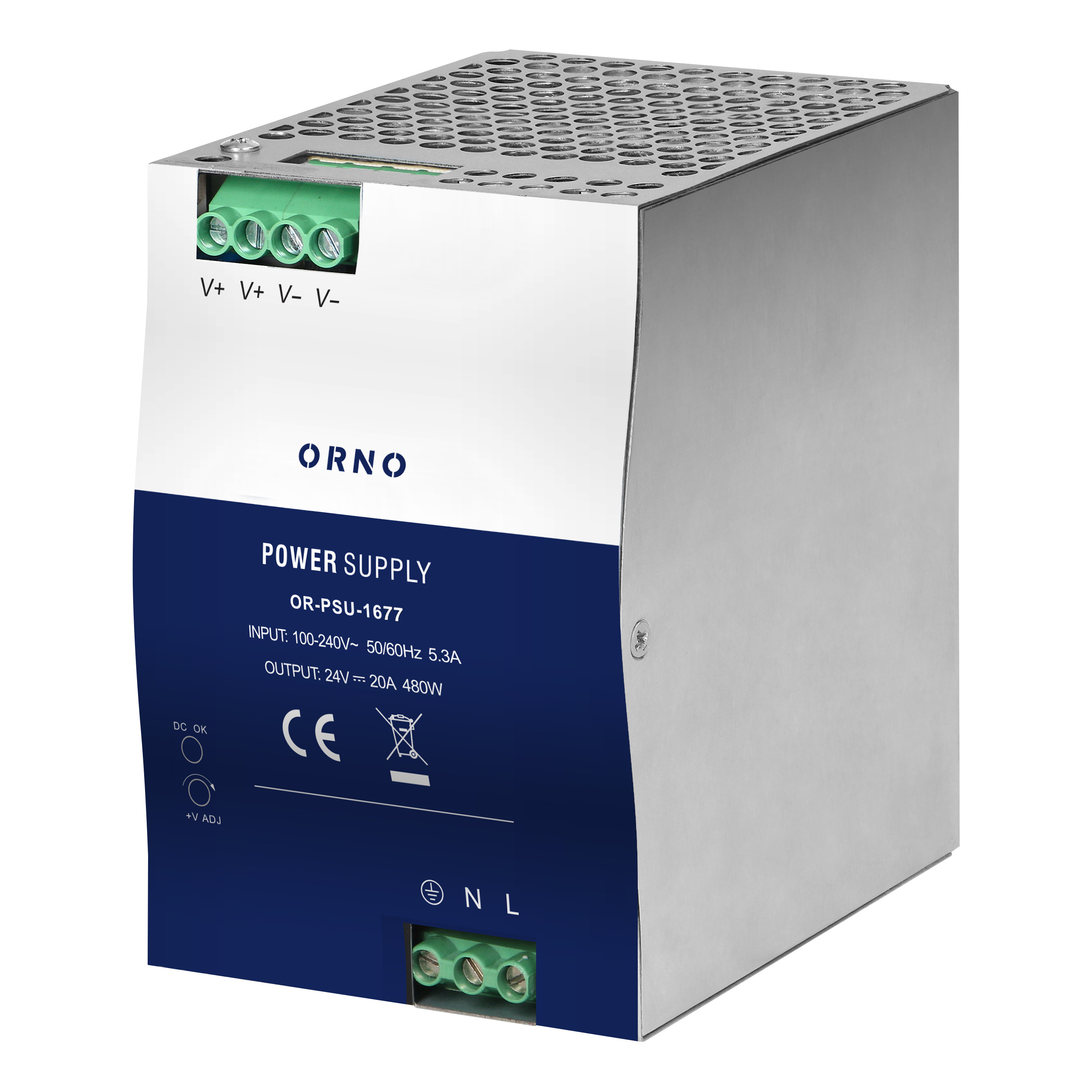 Zasilacz przemysłowy, na szynę DIN, 24VDC, 20A, 480W, w metalowej obudowie