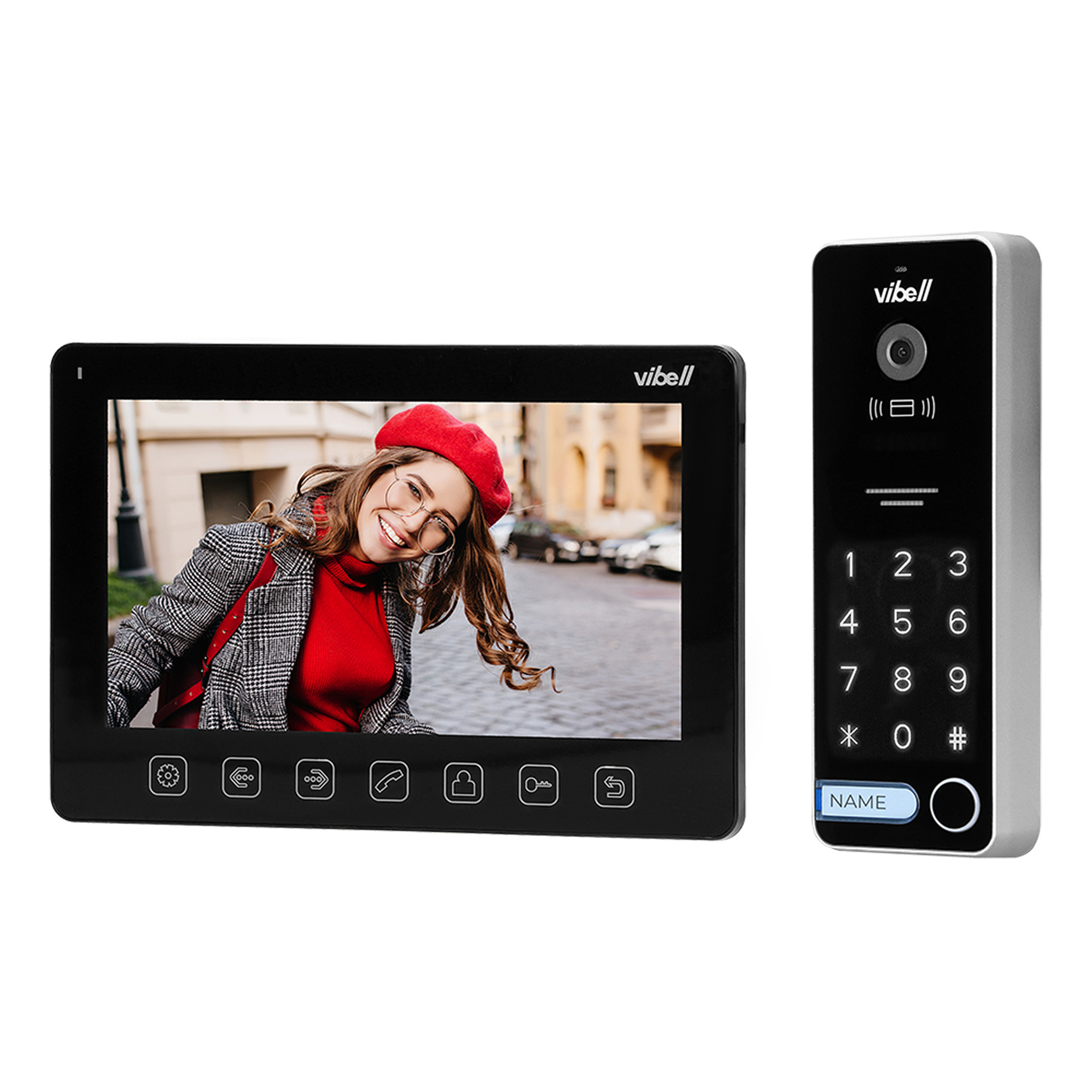 Zestaw wideodomofonowy, bezsłuchawkowy, kolor, LCD 7", menu OSD, sterowanie bramą, z szyfratorem i RFID, czarny, ALCOR