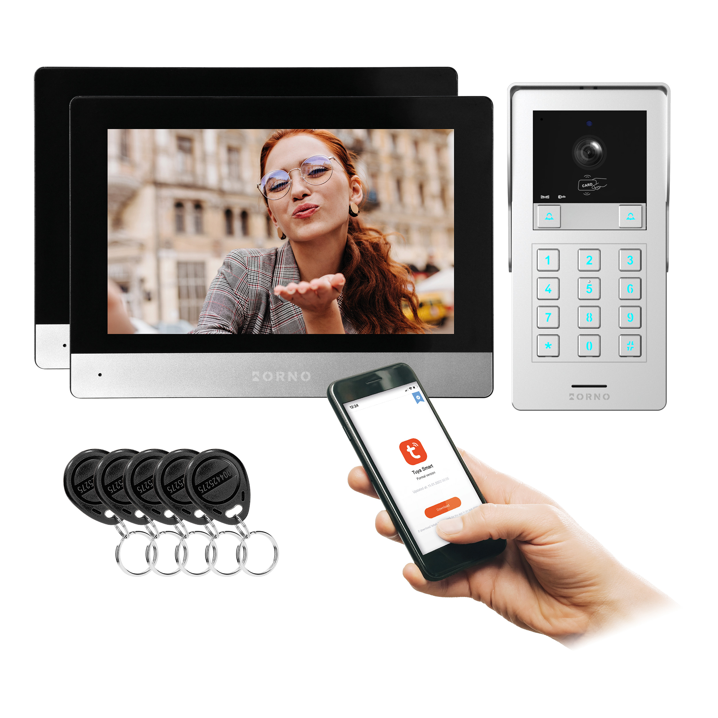 GAYD MULTI2, zestaw wideodomofonowy dwurodzinny, 2-żyłowy, 8", Wi-Fi, ekran dotykowy, 2MP Full HD, RFID, szyfrator