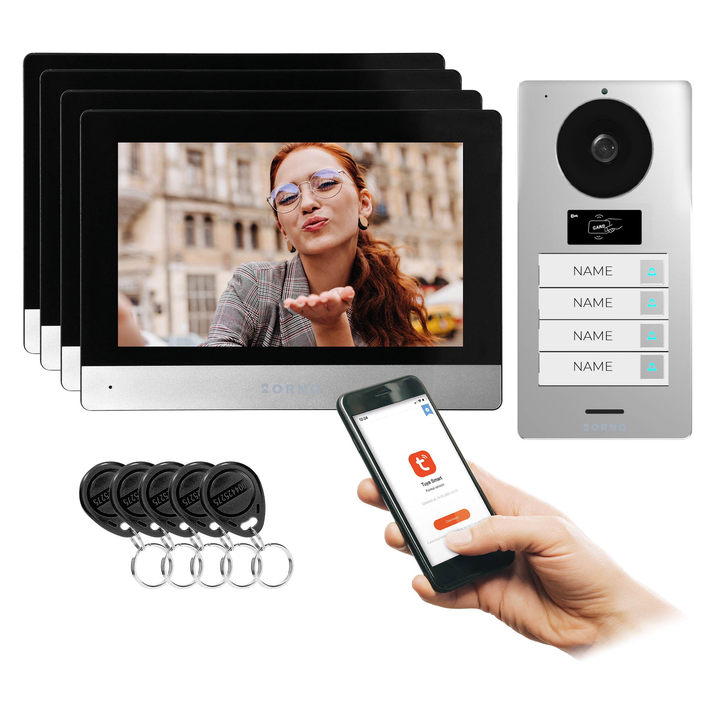 GAYD MULTI4, zestaw wideodomofonowy czterorodzinny, 2-żyłowy, 8", Wi-Fi, ekran dotykowy, 2MP Full HD, RFID