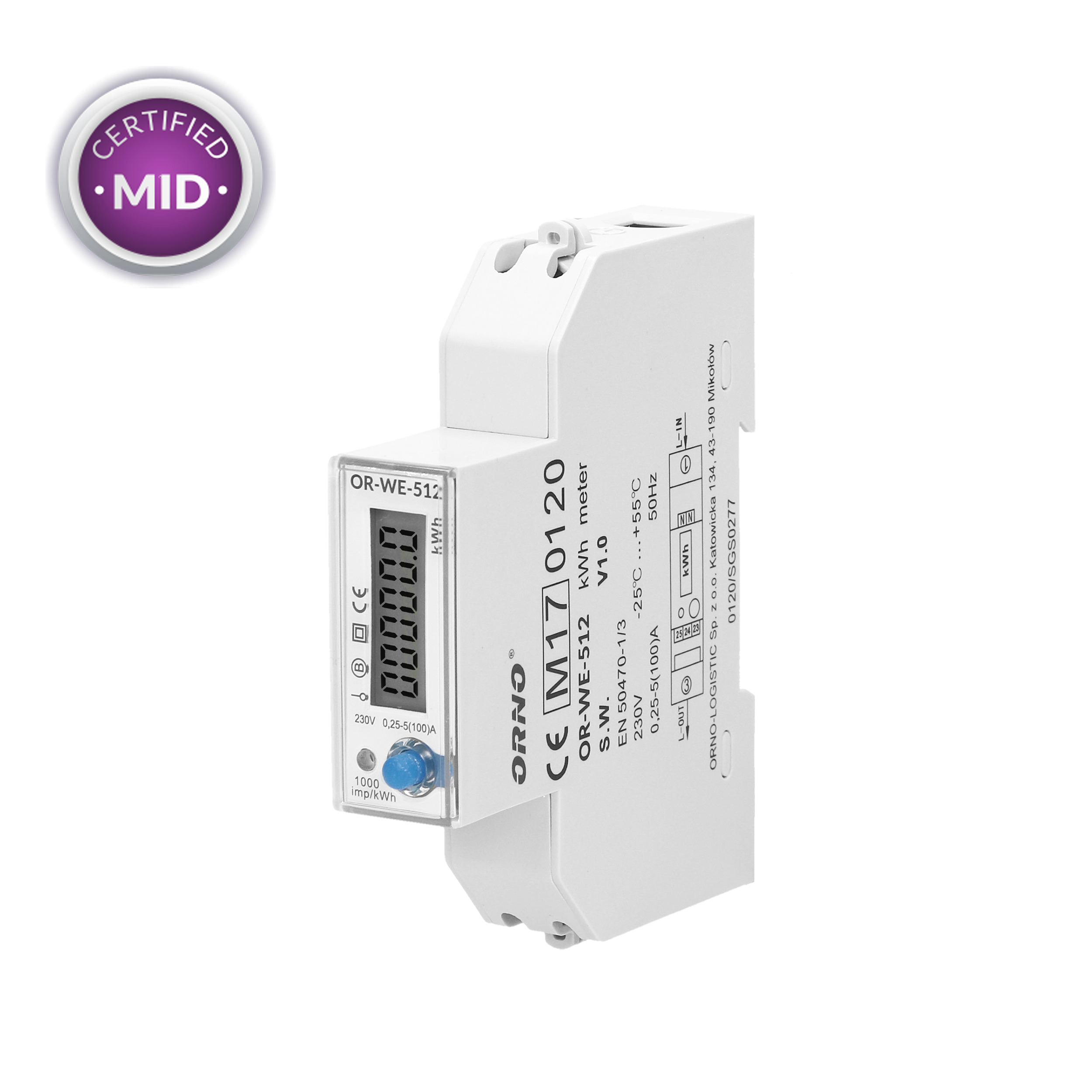 1-fazowy licznik energii elektrycznej, 100A, MID, 1 moduł, DIN TH-35mm