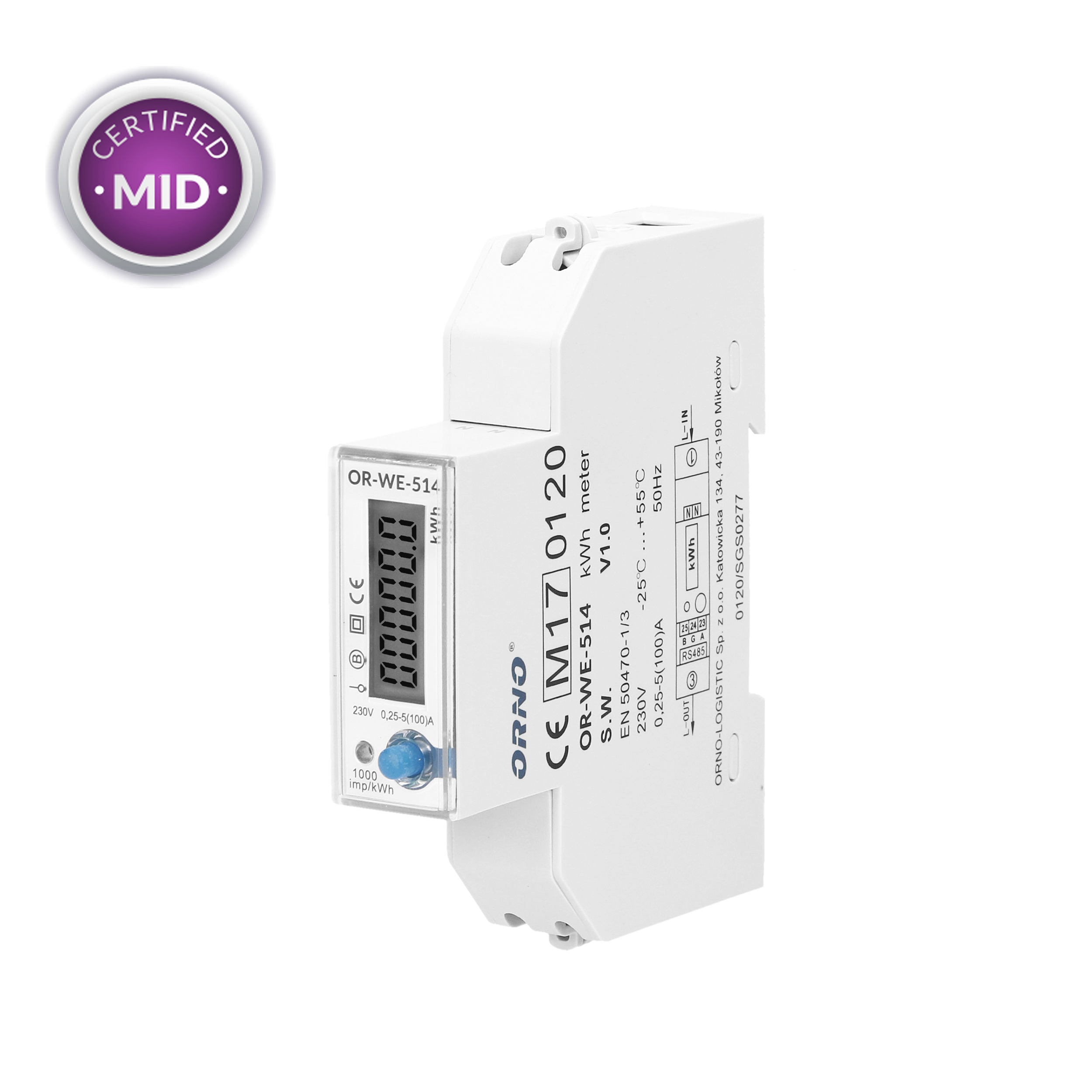 1-fazowy licznik energii elektrycznej, 100A, port RS-485, MID, 1 moduł, DIN TH-35mm