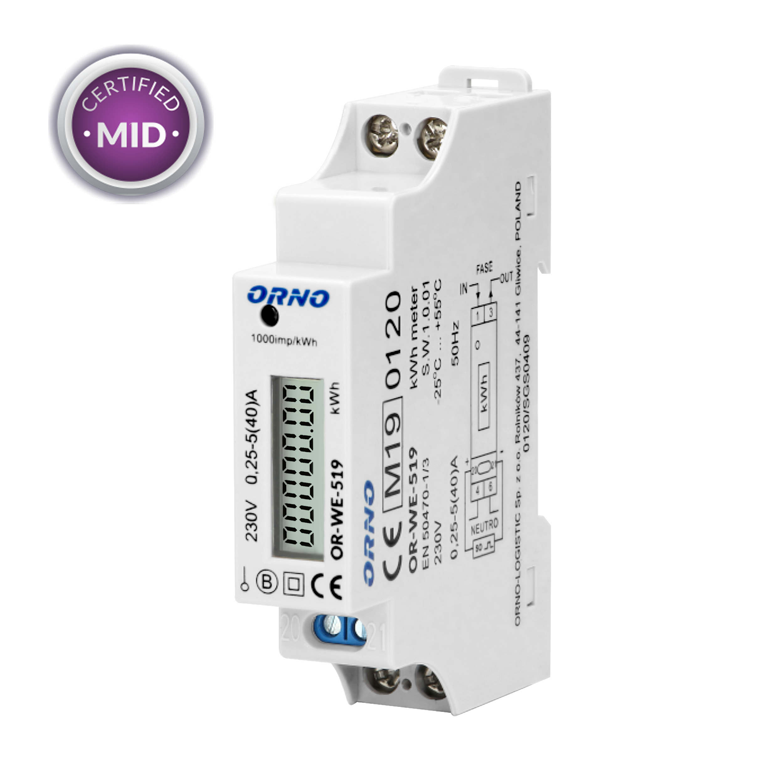 1-fazowy licznik energii elektrycznej, 40A, MID, wyjście impulsowe, 1 moduł, DIN TH-35mm