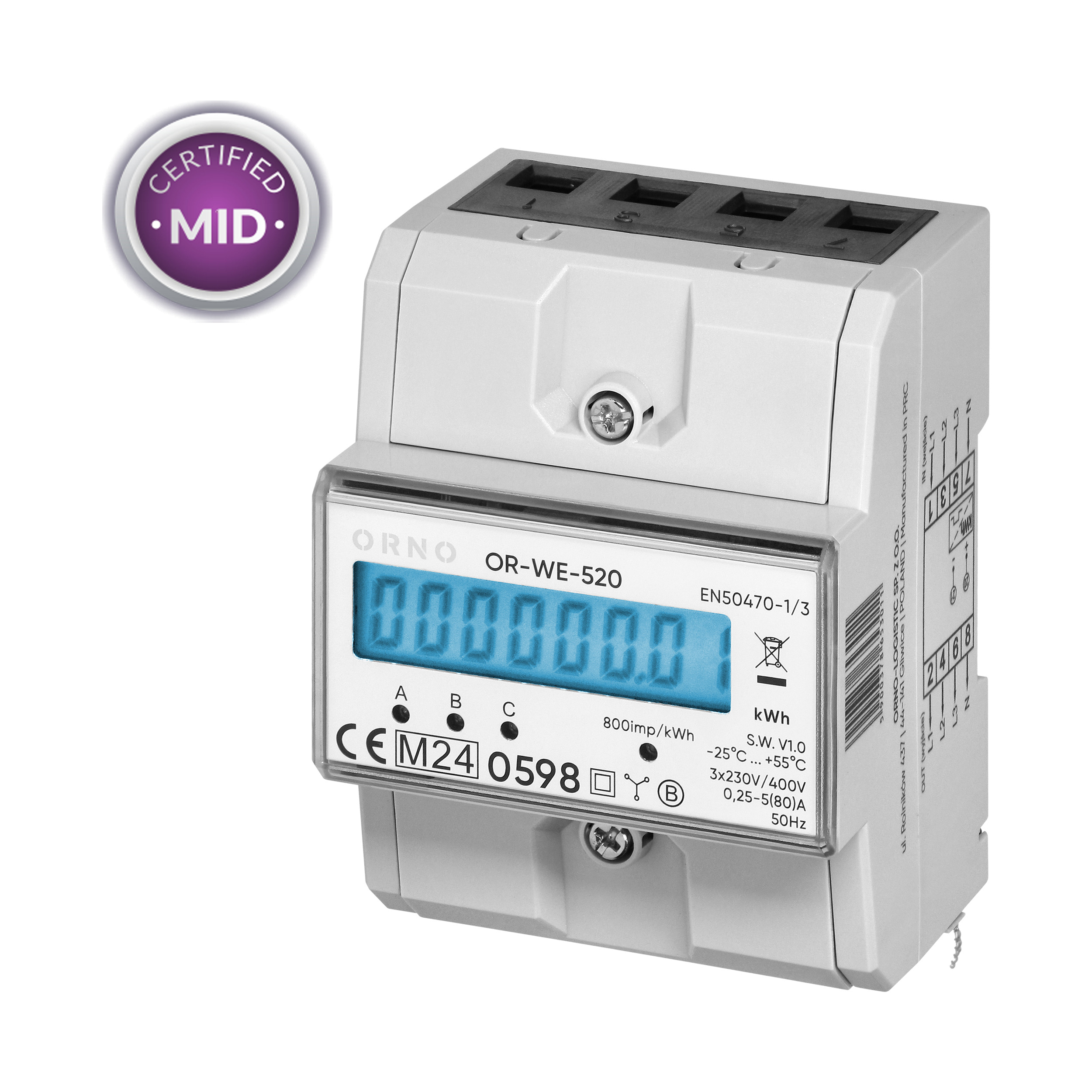 3-fazowy licznik energii elektrycznej, 80A, MID, 4,5 modułu, DIN TH-35mm