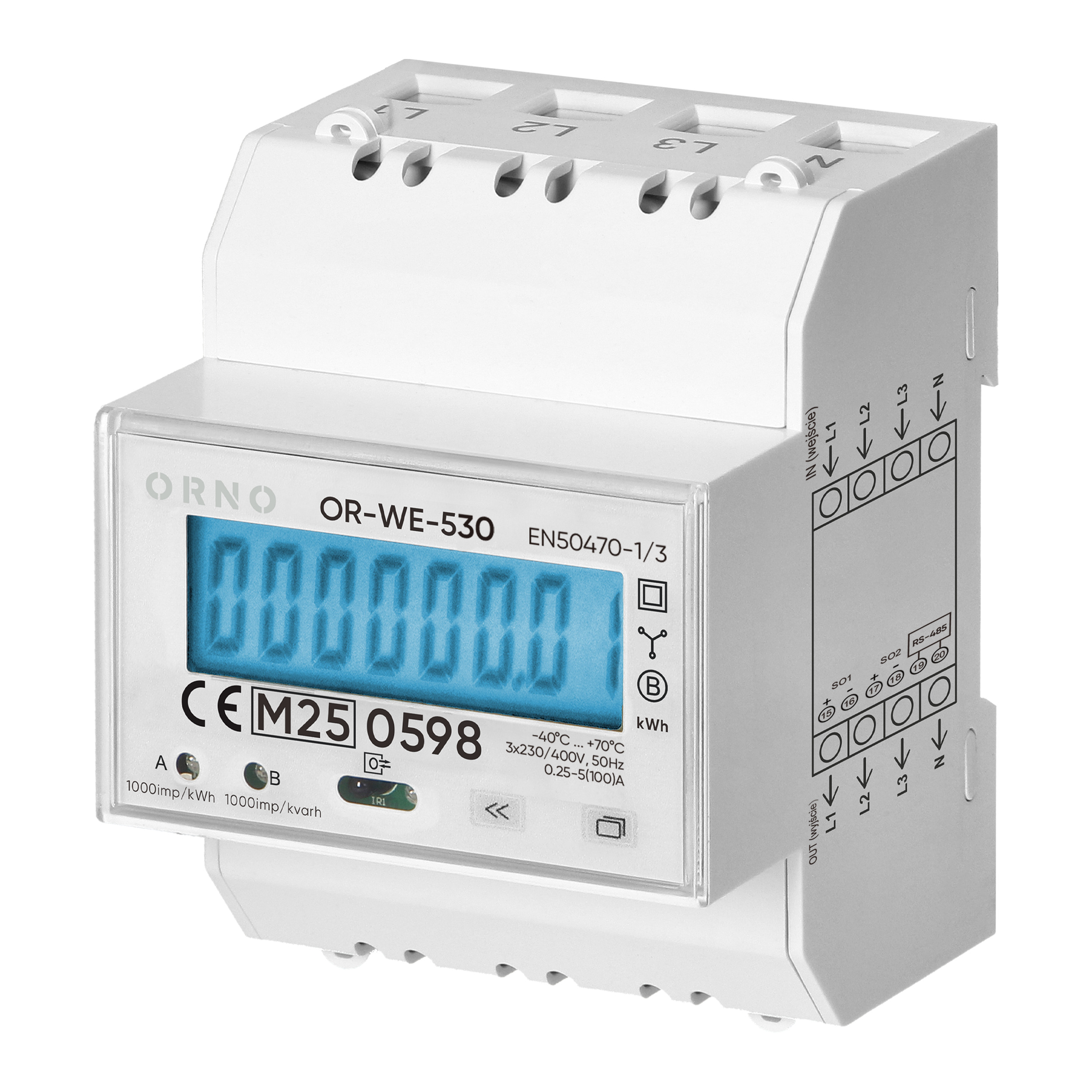 3-fazowy licznik energii elektrycznej, 100A, port RS-485, MID, 4 moduły, wielotaryfowy DIN TH-35mm, PV-Ready
