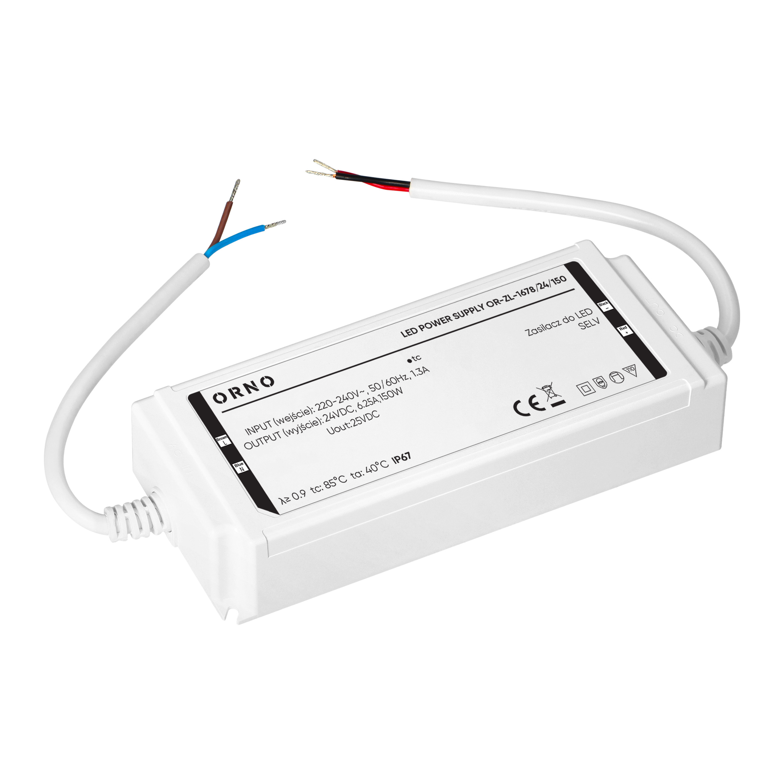 Zasilacz LED, hermetyczny, 24V, 150W, IP67, plastikowa obudowa