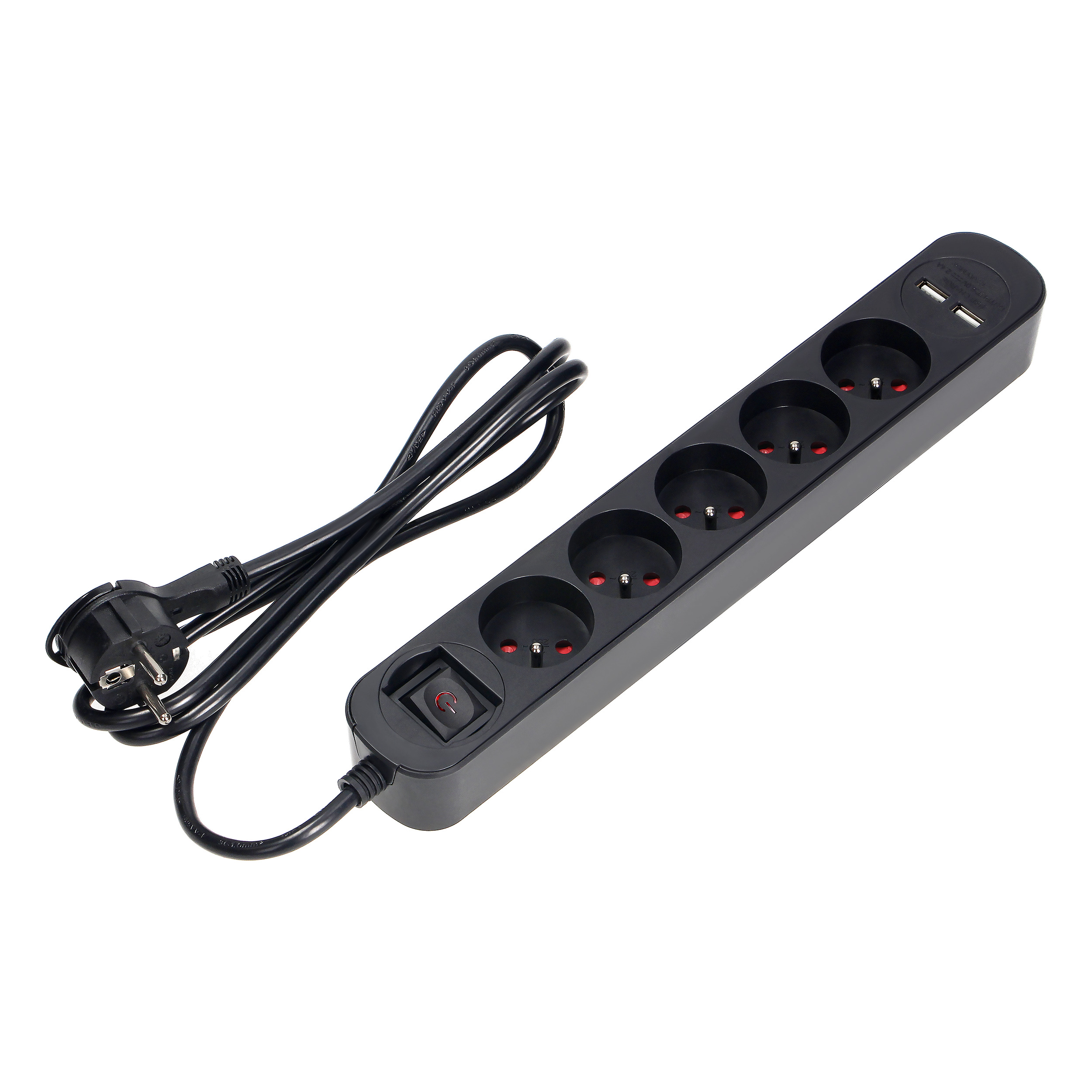 Listwa przeciwprzepięciowa, 5 gniazd 2P+Z (French), kabel 3x1,5mm2, długość 1,5m, z wyłącznikiem podświetlanym dwutorowym, 16A, ochronnik przeciwprzepięciowy, ładowarka 2xUSB, 2,1A, płaska wtyczka, czarny