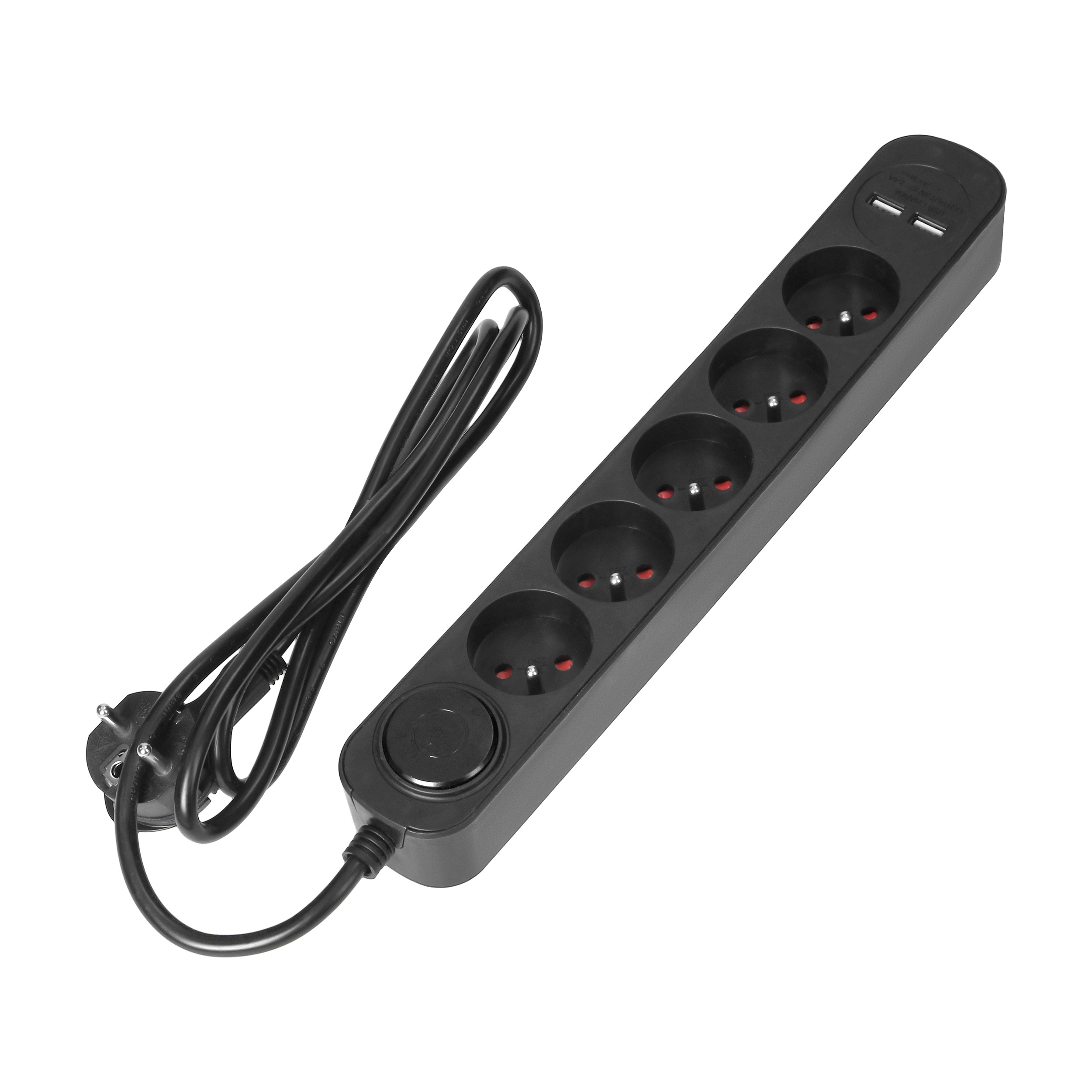 Listwa przeciwprzepięciowa, 5 gniazd 2P+Z, kabel 1,5m, z przyciskiem podświetlanym dwutorowym, ochronnikiem przeciwprzepięciowym, ładowarką 2xUSB 2,1A i płaską wtyczką