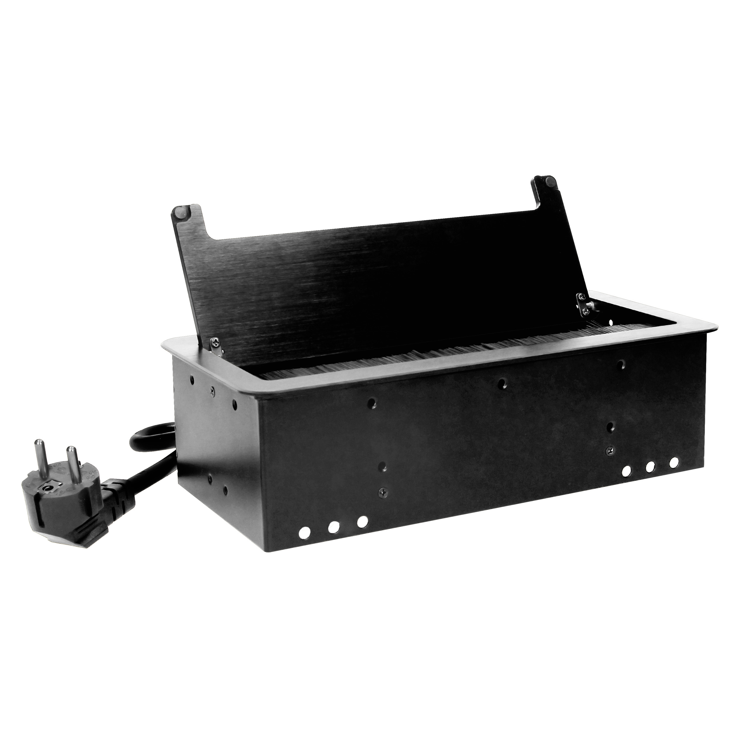 Gniazdo meblowe wpuszczane w blat z płaskim frezowanym rantem, szczotką przeciwkurzową, ładowarką USB i przewodem 1,5m, 2x2P+Z, 2xUSB, 2xNET, czarne, wersja schuko