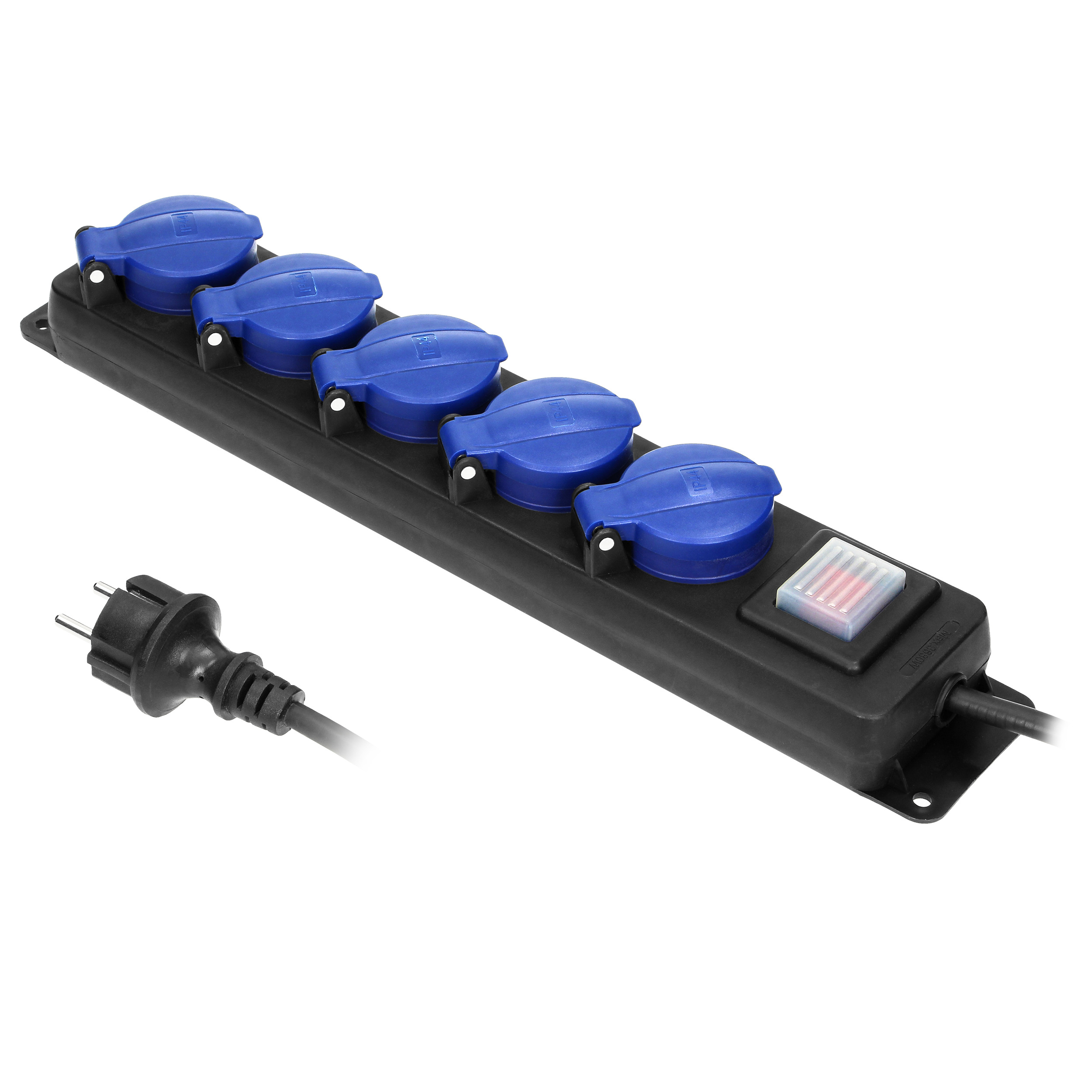Przedłużacz warsztatowy bryzgoszczelny z wyłącznikiem, 5 gniazd 2P+Z (schuko), IP44, przewód gumowy, H05RR-F 3x1,5mm?, długość 5m