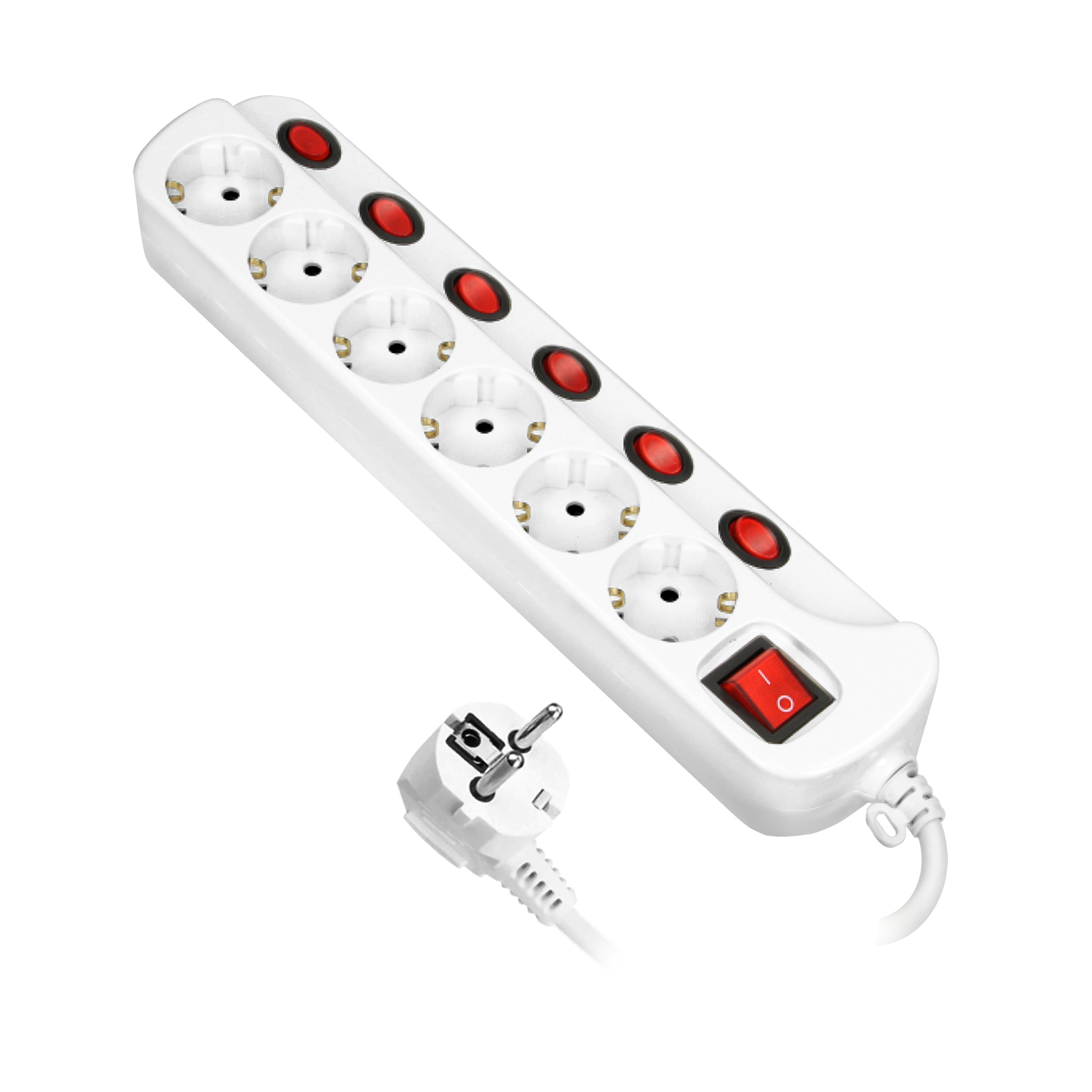 Listwa zasilająca "Multiswitch", 6 gniazd 2P+Z (Schuko), kabel 3x1,5mm?, długość 1,5m, z wyłącznikami podświetlanymi: głównym dwutorowym i osobnymi wyłącznikami każdego gniazda. Wyłącznik termiczny. 16A/230 VAC