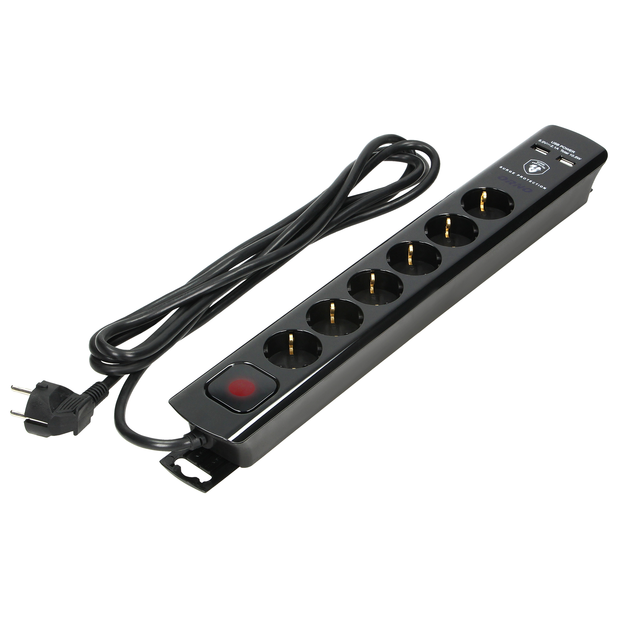 Listwa przeciwprzepięciowa, 6 gniazd 2P+Z (Schuko), kabel 3x1,5mm?, długość 3m, czarna, 16A/230 VAC, z ochronnikiem przeciwprzepięciowym - typ 3, ładowarką 2xUSB 2,1A.
