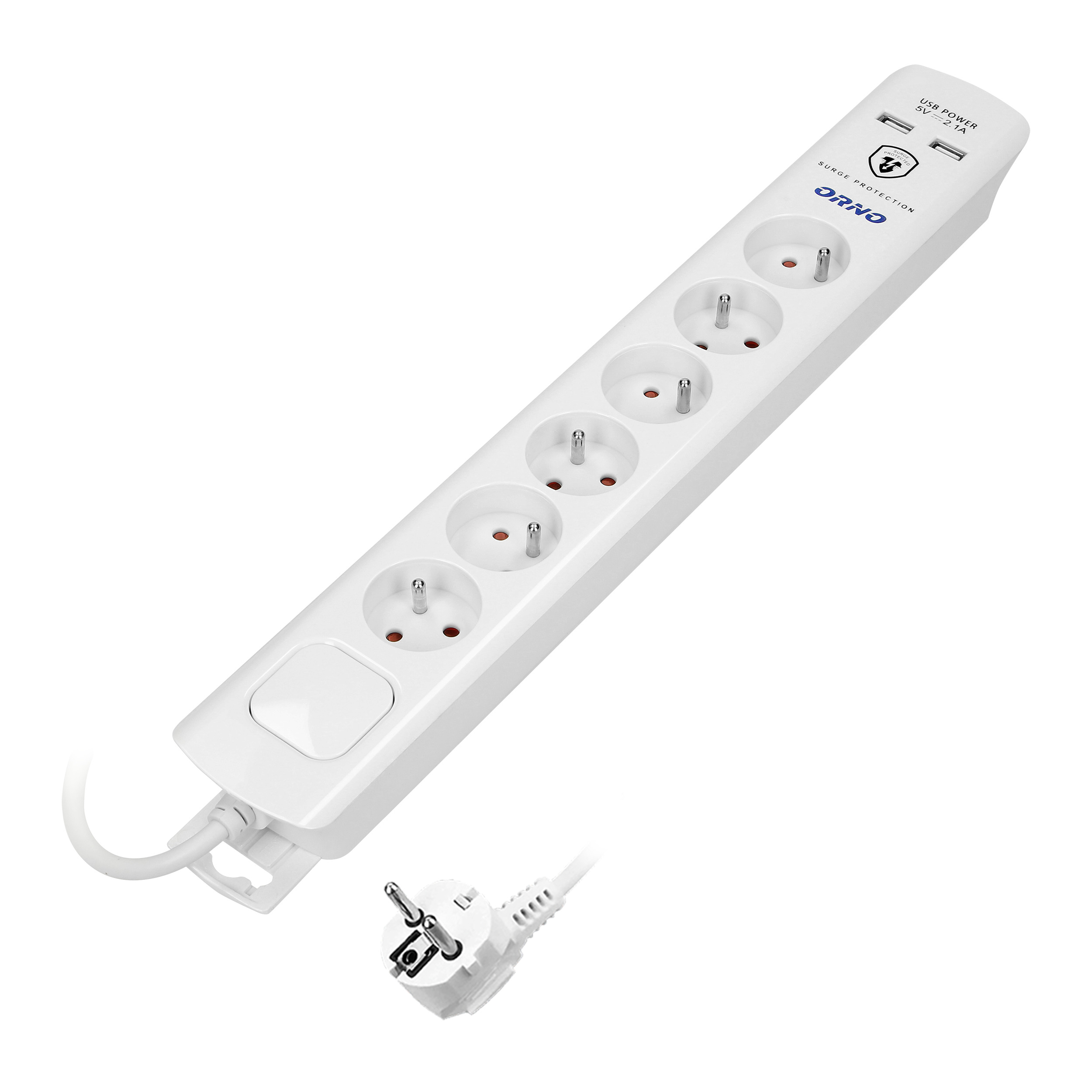 Listwa przeciwprzepięciowa, 6 gniazd 2P+Z, kabel 3x1,0mm?, długość 3m, z wyłącznikiem podświetlanym dwutorowym. 10A/230 VAC, Ochronnik przeciwprzepięciowy Typ 3: Uoc: 4kV (L-N, L/NPE);Up: 2,2kV(L-N,L/N-PE);375J. Ładowarka 2xUSB 2,1A