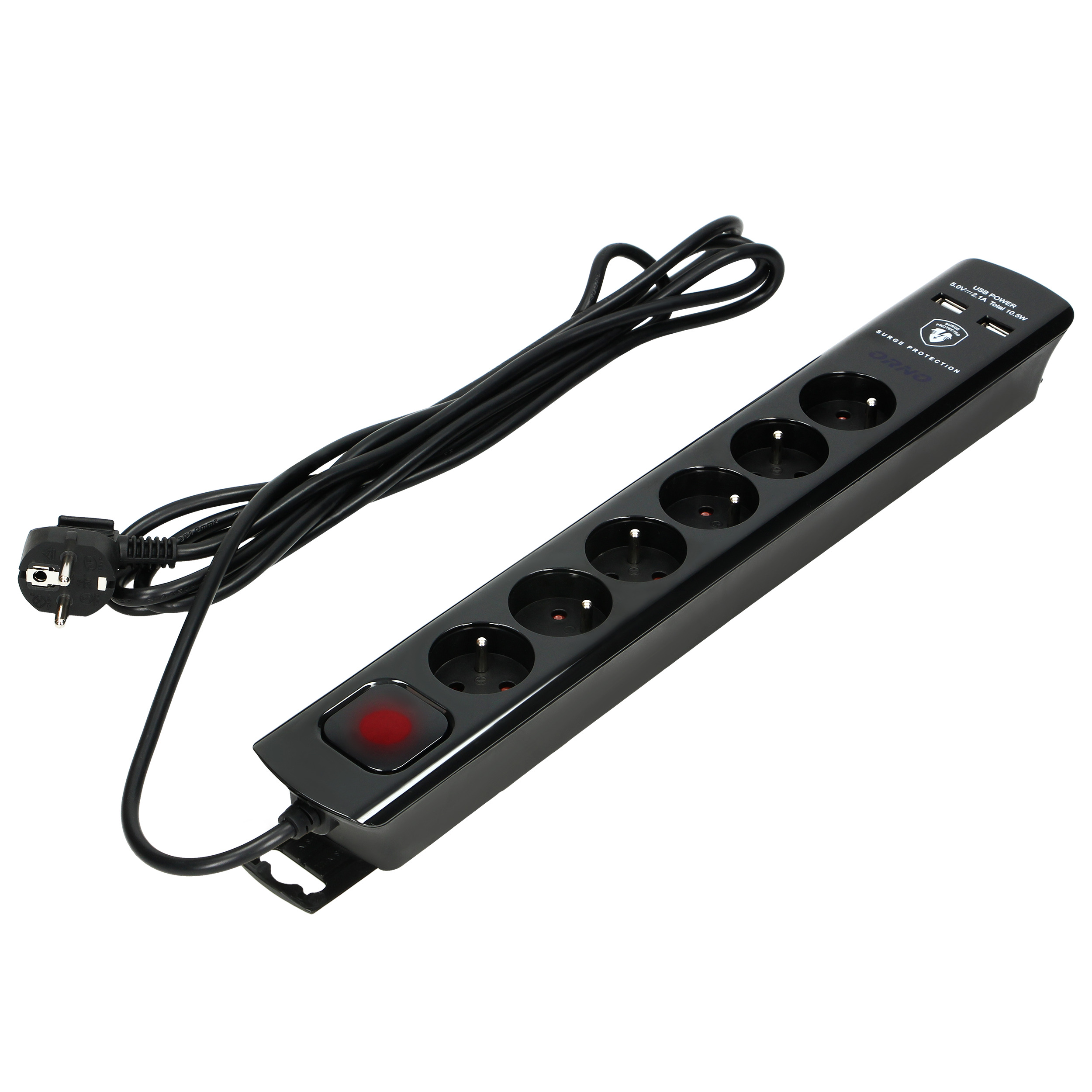Listwa przeciwprzepięciowa, 6 gniazd 2P+Z, kabel 3x1,0mm?, długość 3m, czarna, 10A/230 VAC, z ochronnikiem przeciwprzepięciowym - typ 3, ładowarką 2xUSB 2,1A.