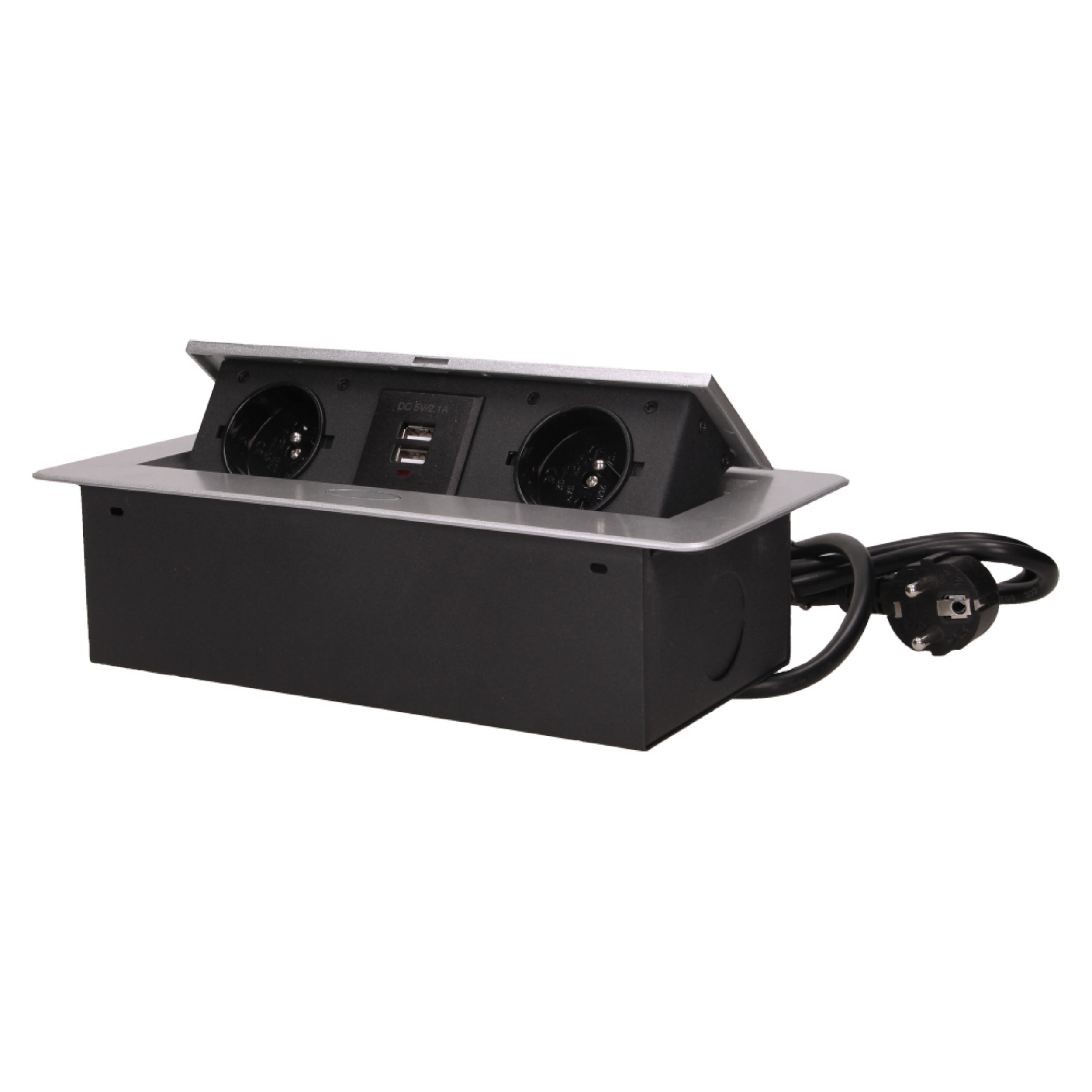 Gniazdo meblowe wpuszczane w blat z płaskim frezowanym rantem, ładowarką USB i przewodem 1,5m, 2x2P+Z, 2xUSB, srebrne