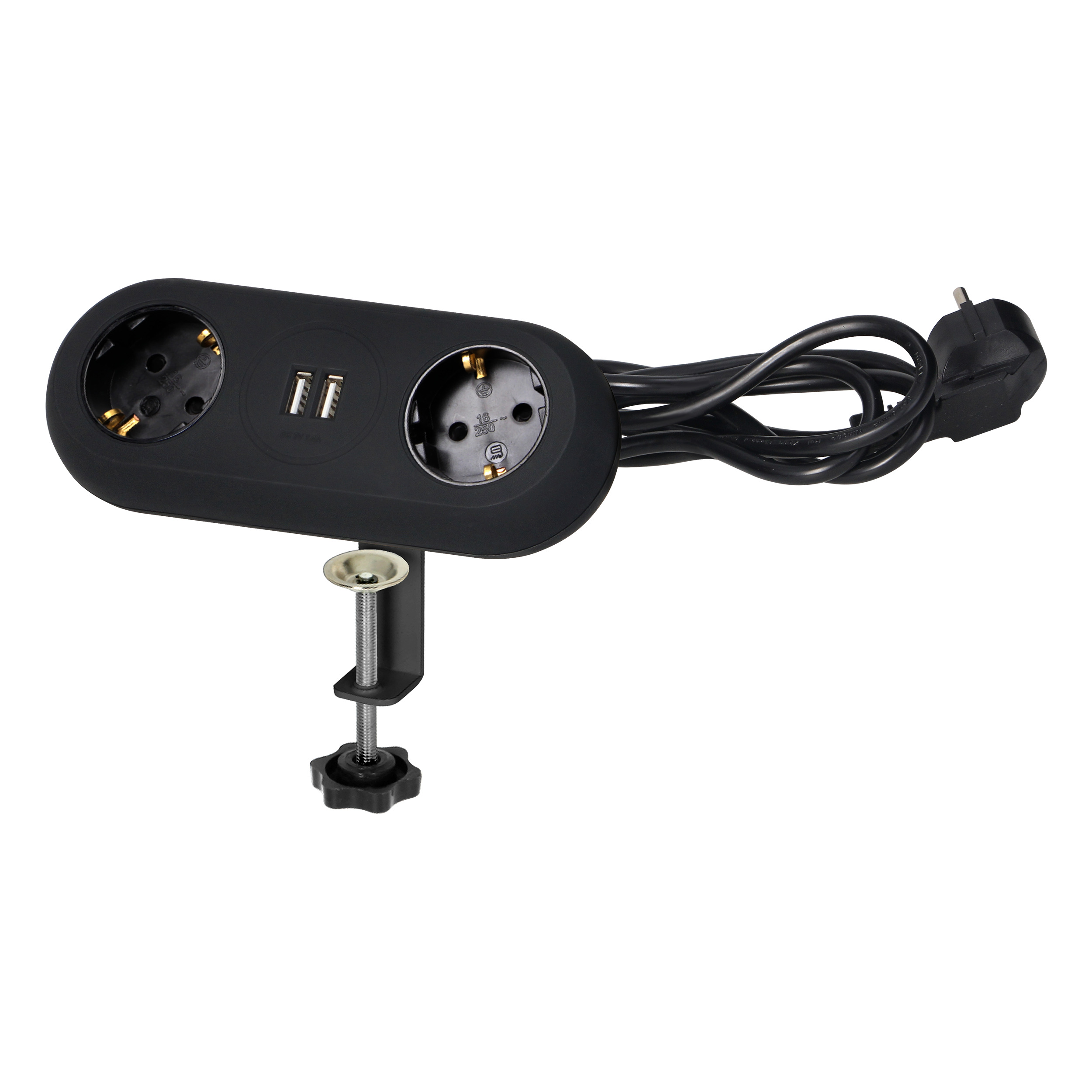 Gniazdo meblowe z uchwytem montażowym, ładowarką USB, 2 gniazda 2P+Z (Schuko), 2xUSB, przewód 3x1,5mm? - 1,4m, czarne