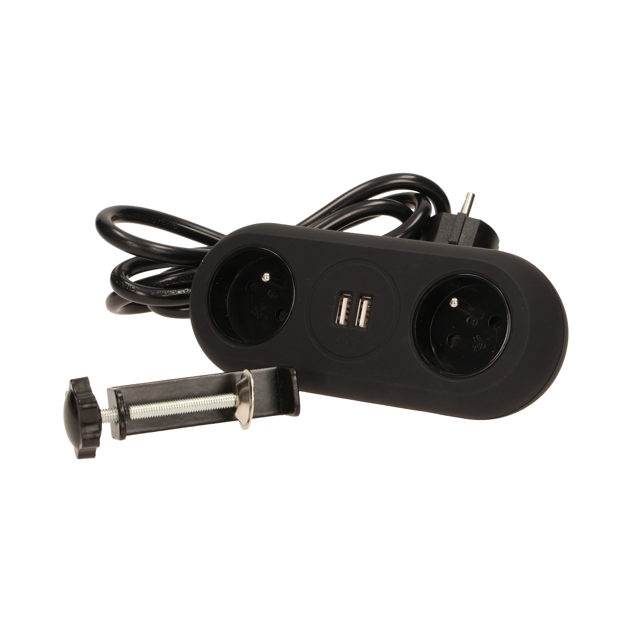 Gniazdo meblowe z uchwytem montażowym, ładowarką USB, 2 gniazda 2P+Z, 2xUSB, przewód 3x1,5mm? - 1,4m, czarne