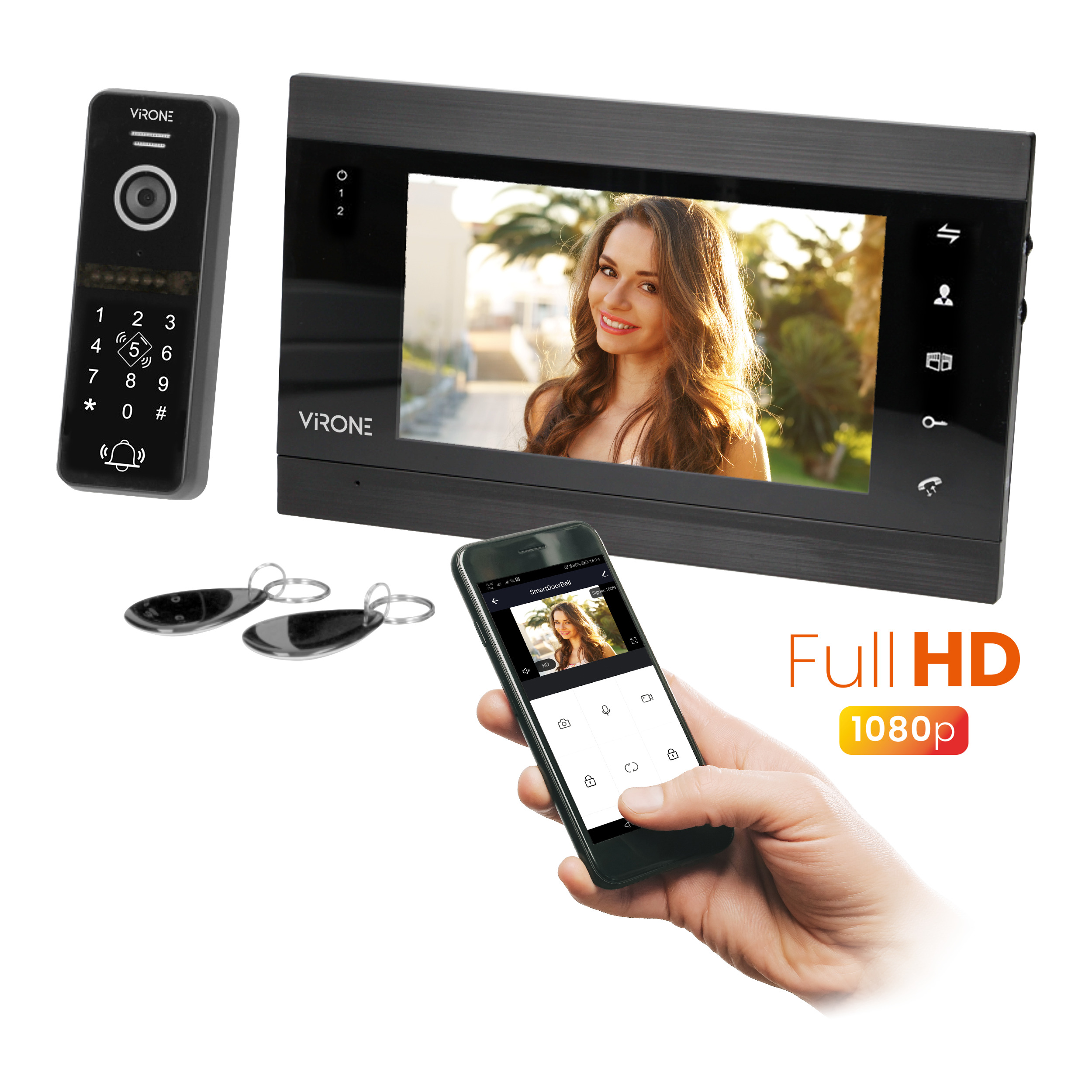 Zestaw wideo domofonowy VIFIS Full HD, bezsłuchawkowy, monitor 7" LCD, menu OSD, kamera Full HD 1080P, z szyfratorem i czytnikiem kart i breloków oraz aplikacją mobilną, czarny