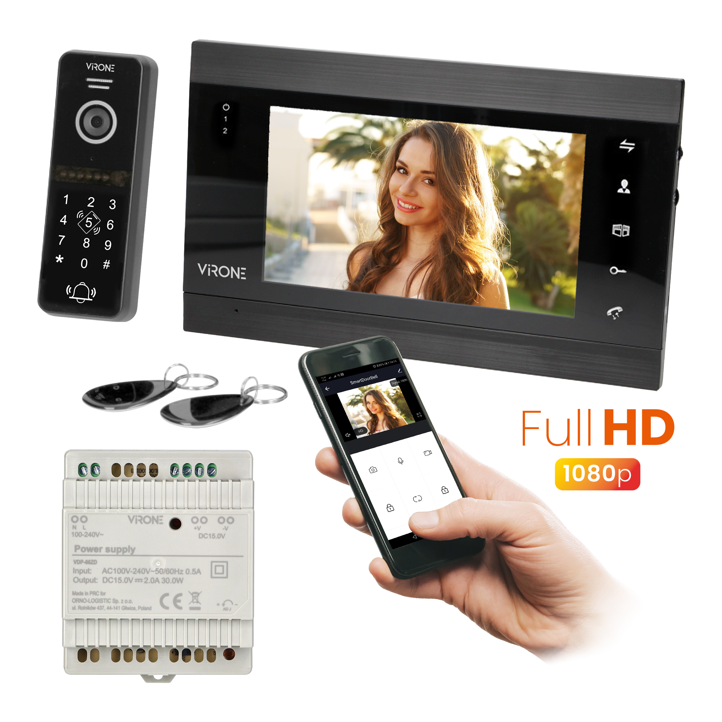VIFIS Full HD zestaw wideodomofonowy  z kamerą Full HD (bezsłuchawkowy , szyfrator, czytnik zbliżeniow, sterowanie z aplikacji, zasilacz na szynę DIN, czarny)