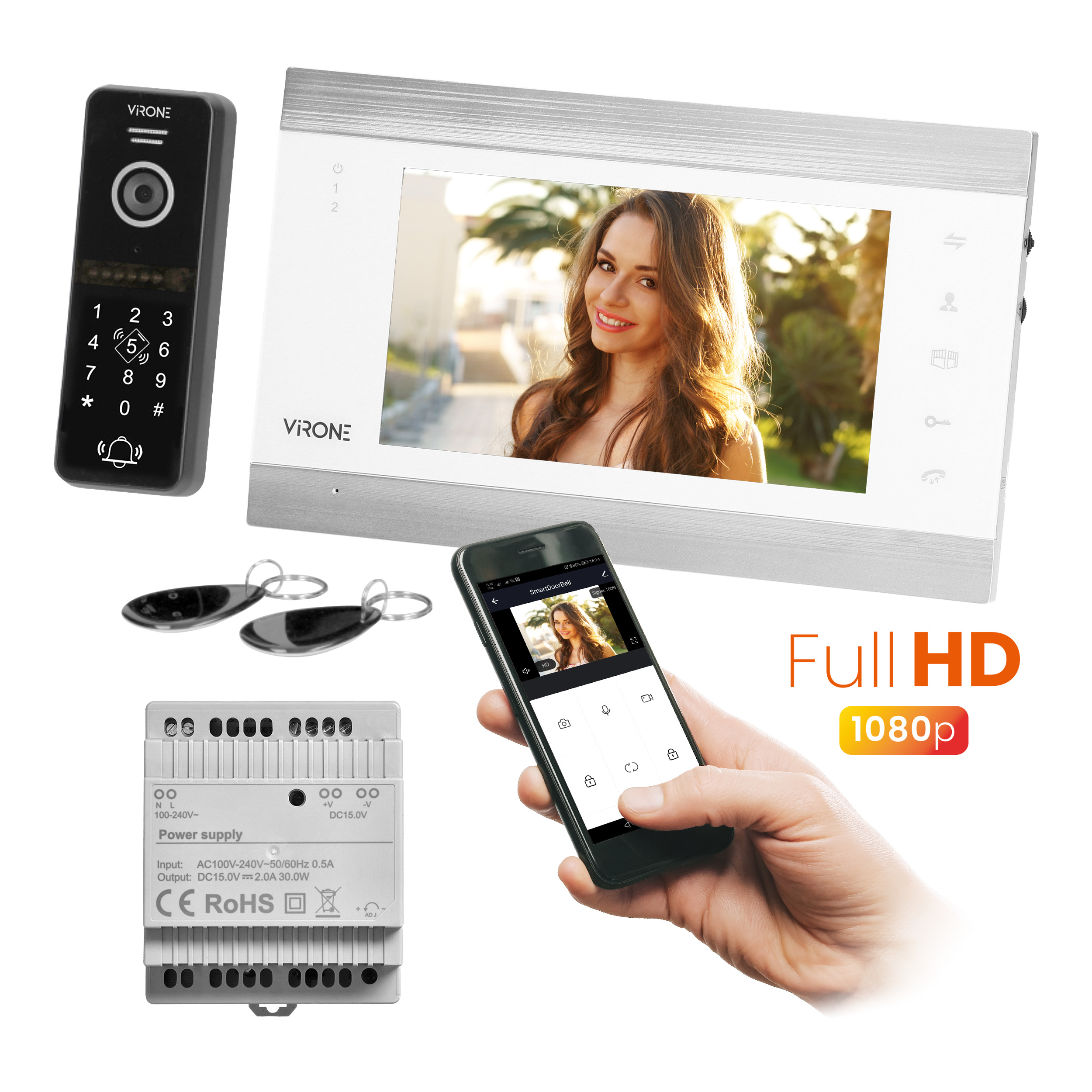 VIFIS Full HD zestaw wideodomofonowy (bezsłuchawkowy, szyfrator, czytnik zbliżeniowy, sterowanie z aplikacji, zasilacz na szynę DIN, biały)