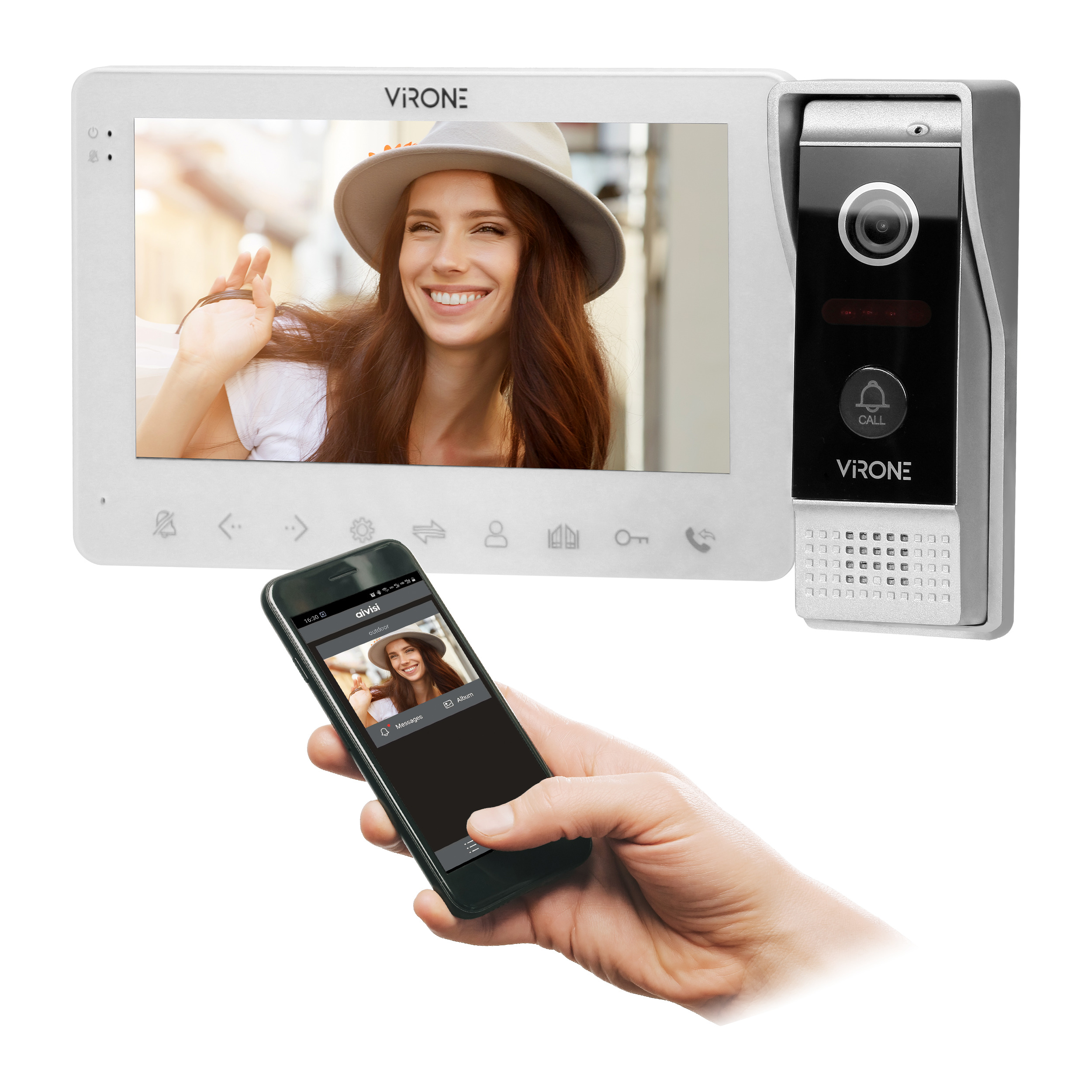 Zestaw wideo domofonowy, bezsłuchawkowy, kolor, LCD 7", menu OSD, WI-FI + APP na telefon, sterowanie bramą, biały, VIFAR
