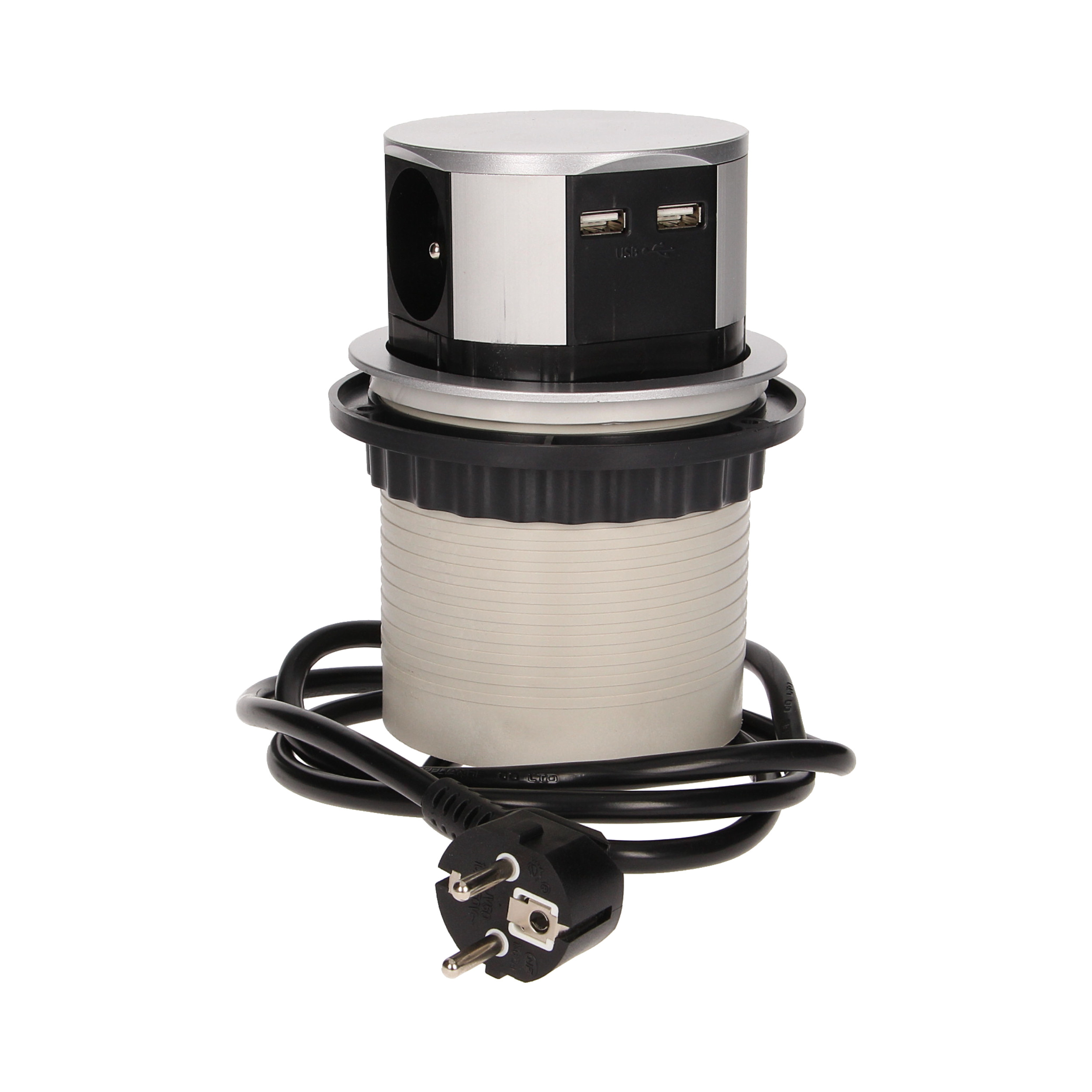 Gniazdo meblowe ?10cm wysuwane z blatu z ładowarką USB i przewodem 1,5m, 3x2P+Z, 2xUSB