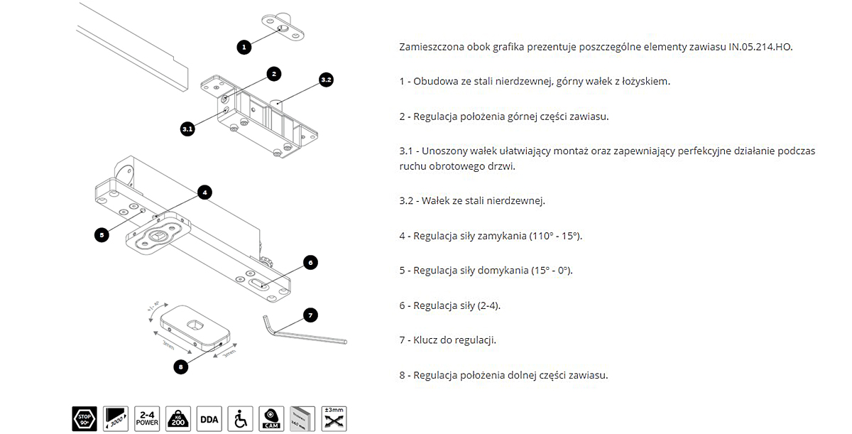Zawias hydrauliczny Pivot 200 Plus JNF do 200 kg z blokadą