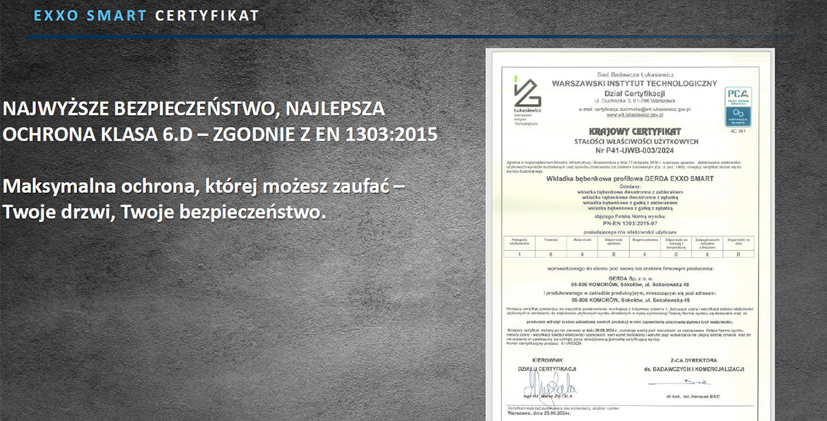 Certyfikat bezpieczeństwa Gerda EXXO Smart